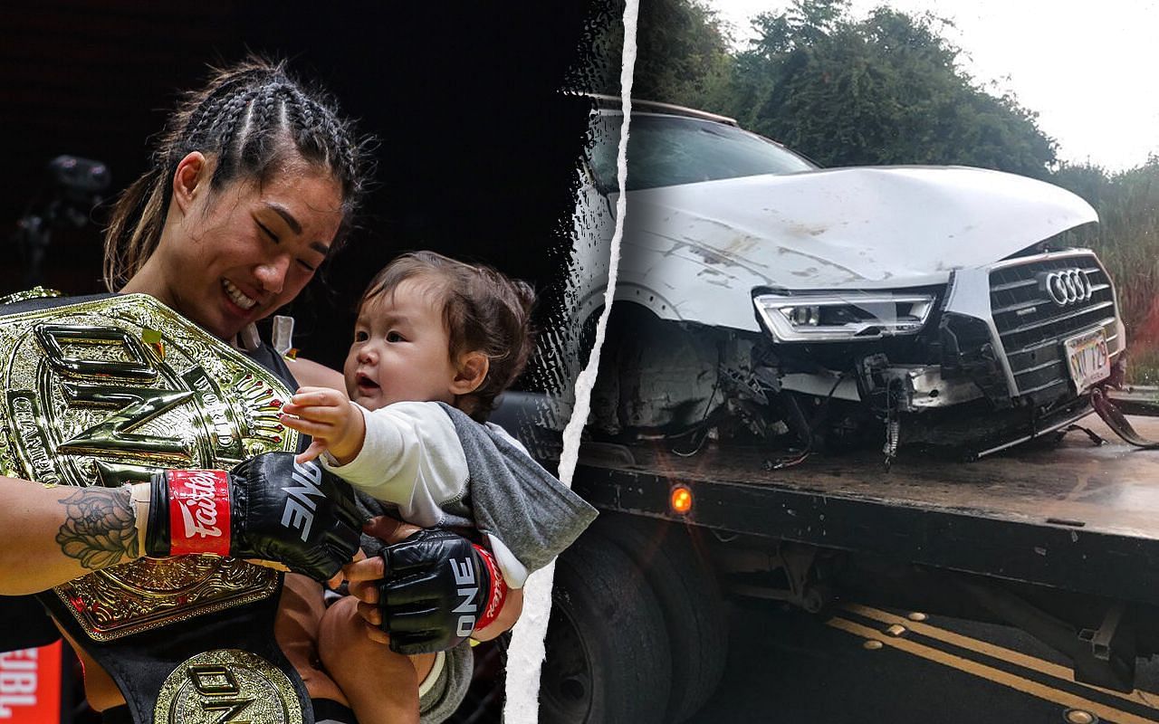 Angela Lee with daughter (left) and car from Angela&rsquo;s crash (right)