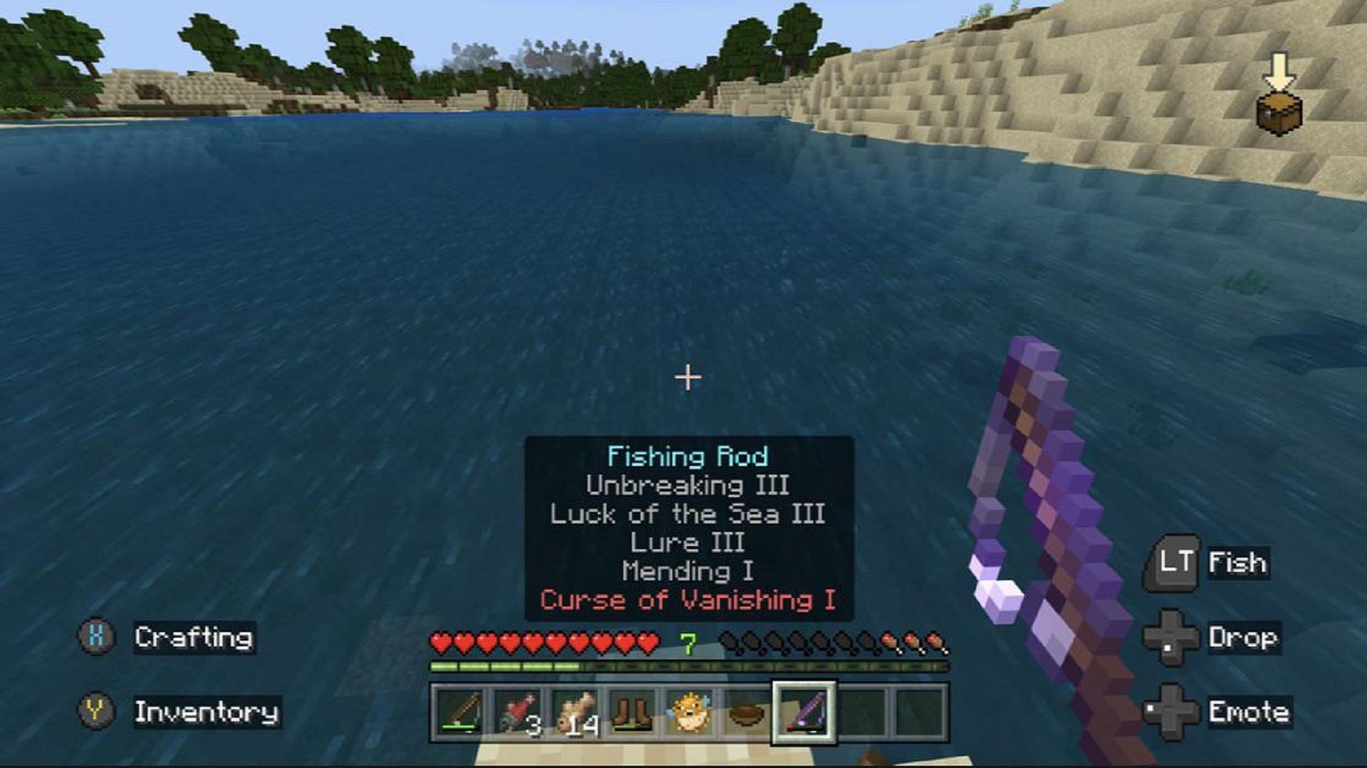An enchanted fishing pole discovered as loot by a Minecraft player while fishing (Image via u/happy_droid/Reddit)