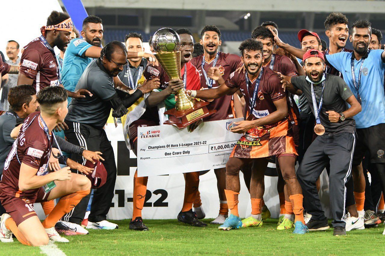 Gokulam Kerala players celebrate after winning the 2021-22 I-League title. [Credits: GKFC Twitter]