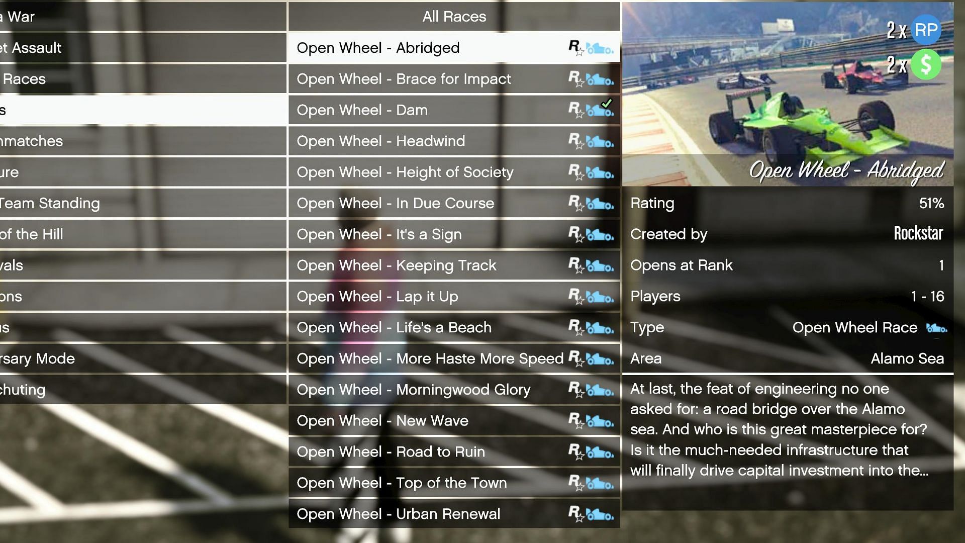 Everything on this page is all you have as far as official races go (Image via Rockstar Games)