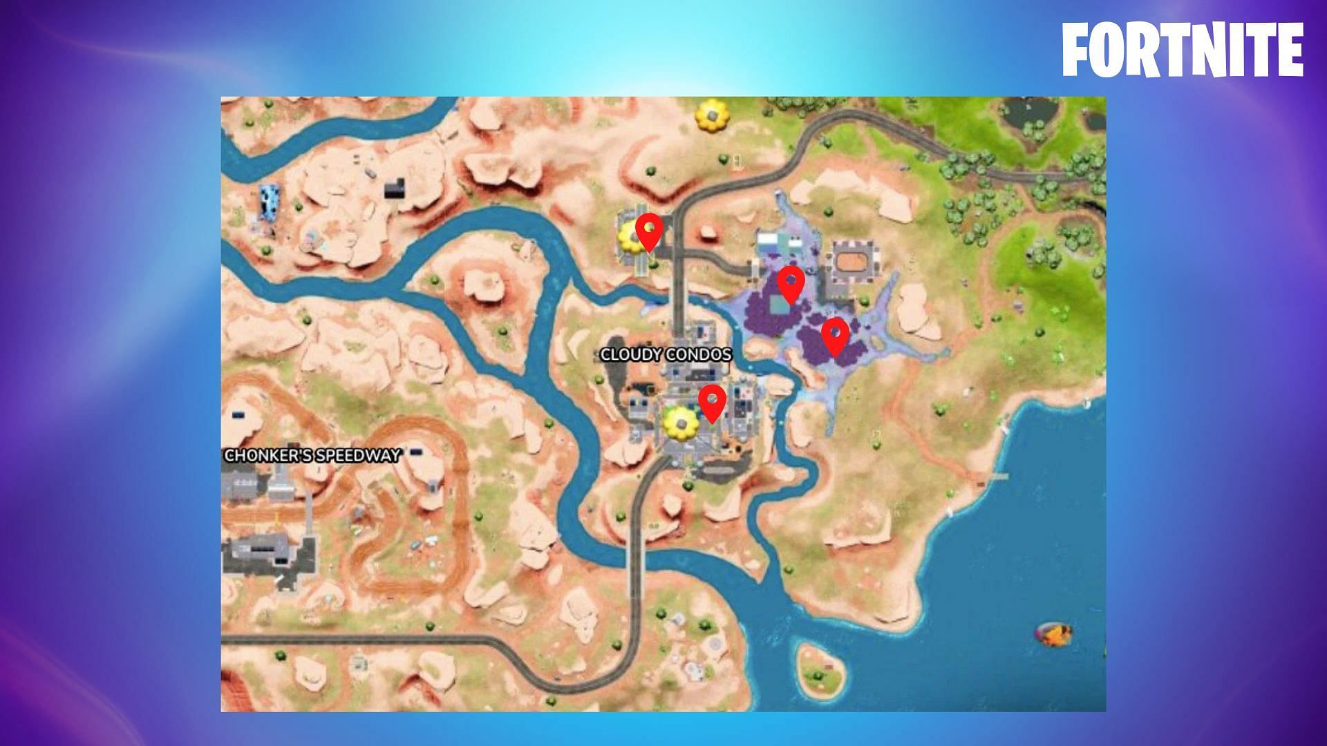 Land at the marked locations to get a guaranteed chest spawn in Fortnite Season 4 (Image via Sportskeeda)