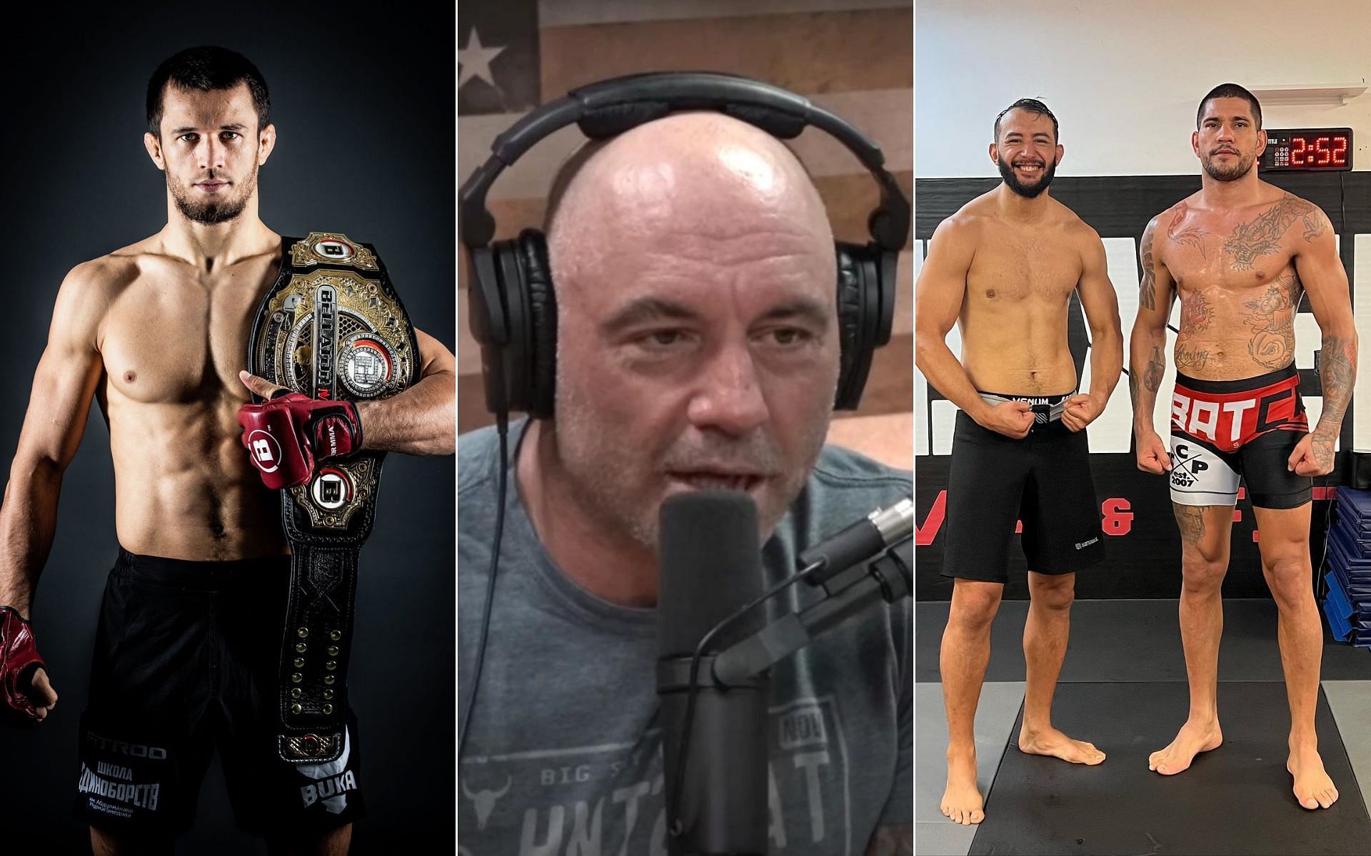 Usman Nurmagomedov (left - via Scott Coker), Joe Rogan (center - via JRE), Alex Pereira with Dominick Reyes, a light heavyweight (right - via Alex Pereira