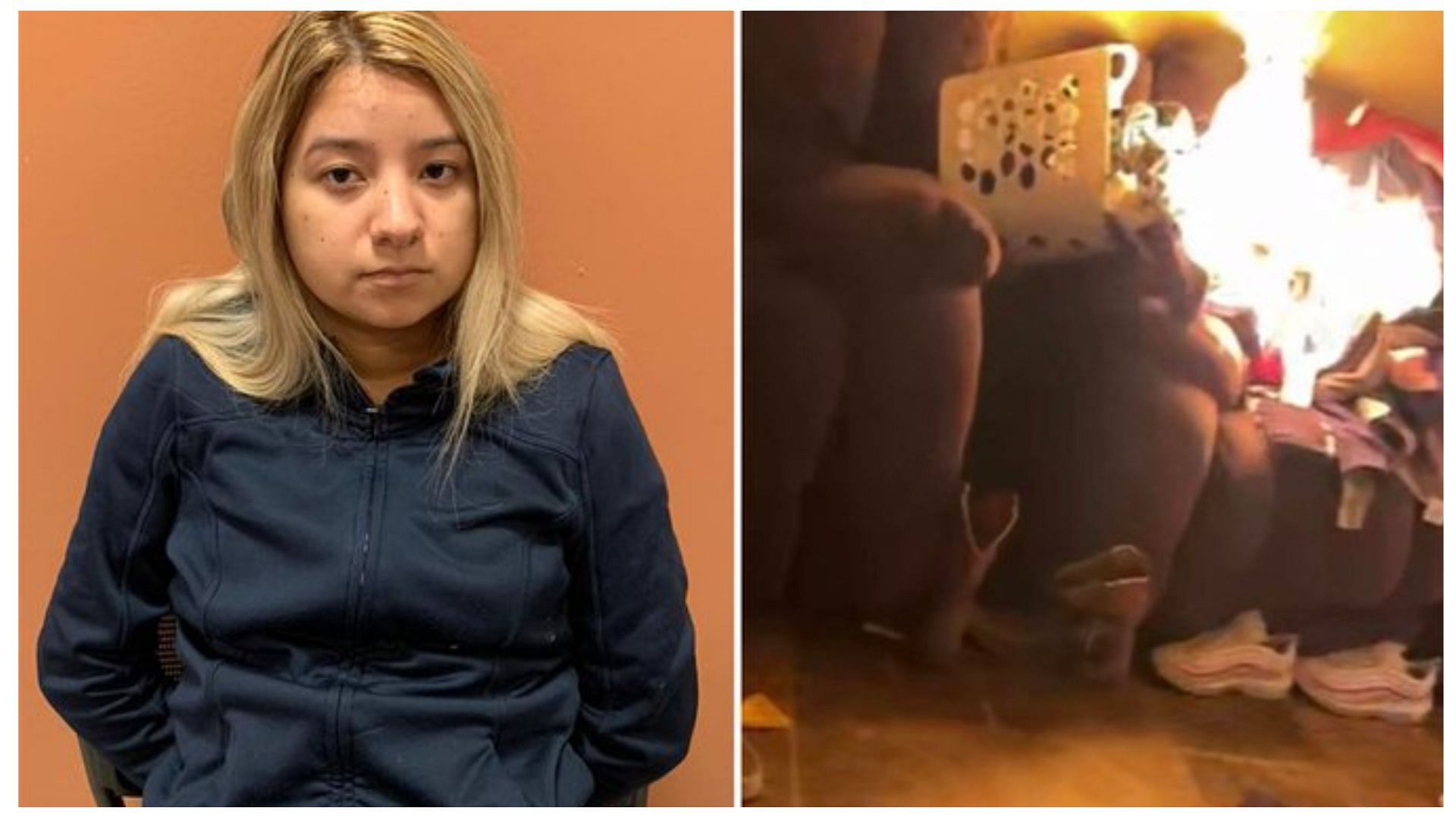 Senaida Marie Soto (left), Soto sets the couch on fire (right), (image via David Mortimore/Twitter)