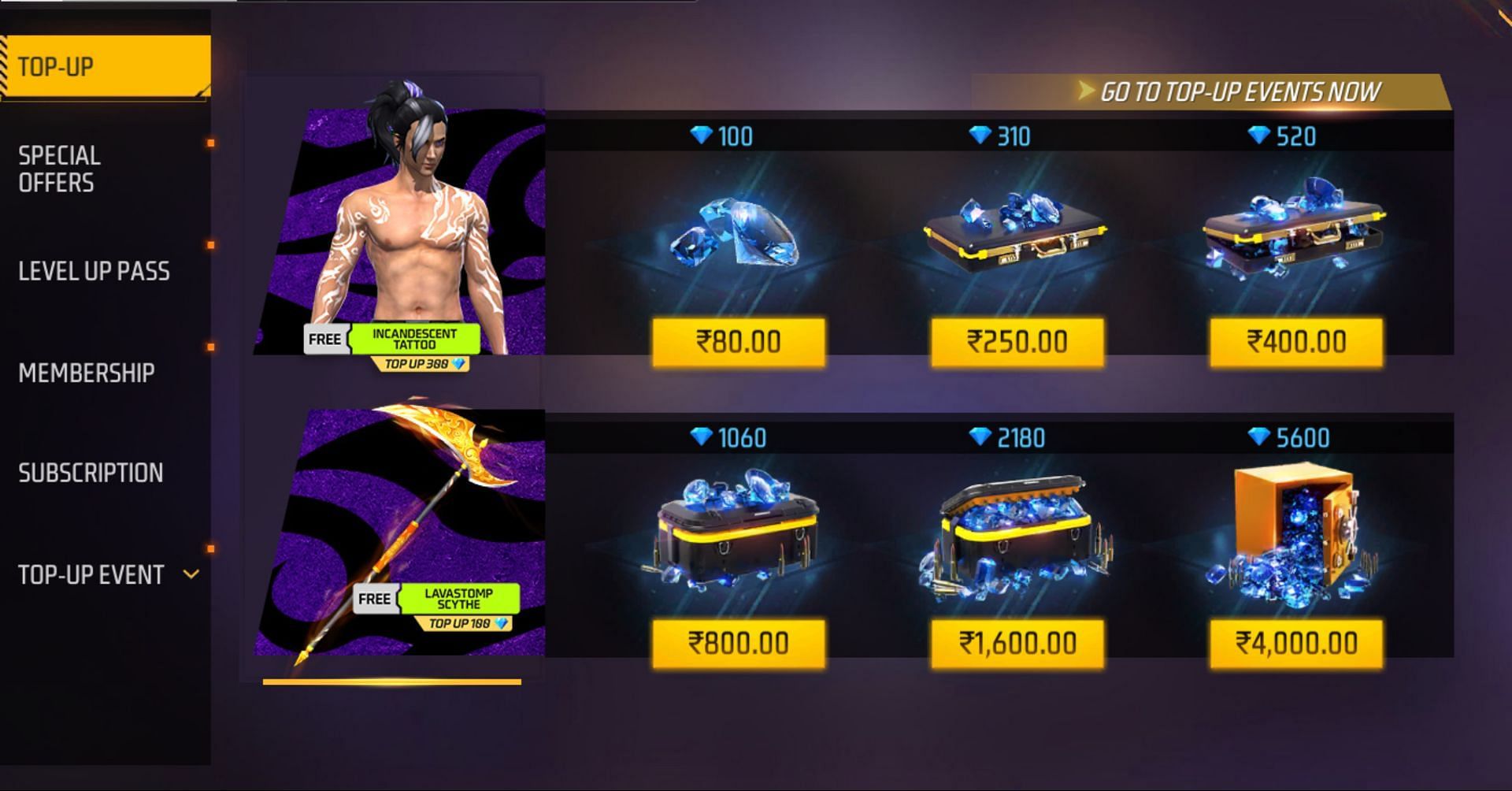 There are several top-up options available to you in the in-game center (Image via Garena)