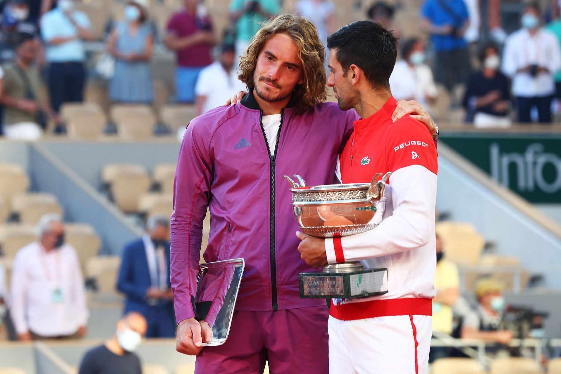 Stefanos Tsitsipas and Novak Djokovic at the 2021 French Open.