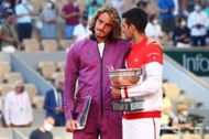 Stefanos Tsitsipas and Novak Djokovic at the 2021 French Open.