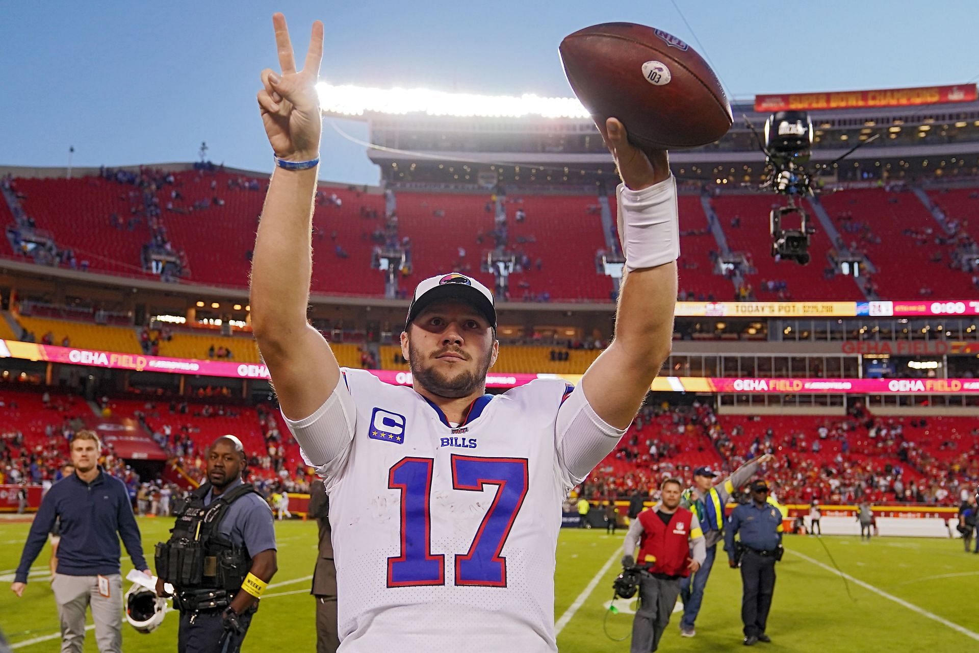 Josh Allen of the Buffalo Bills reacts after defeating the Kansas City Chiefs