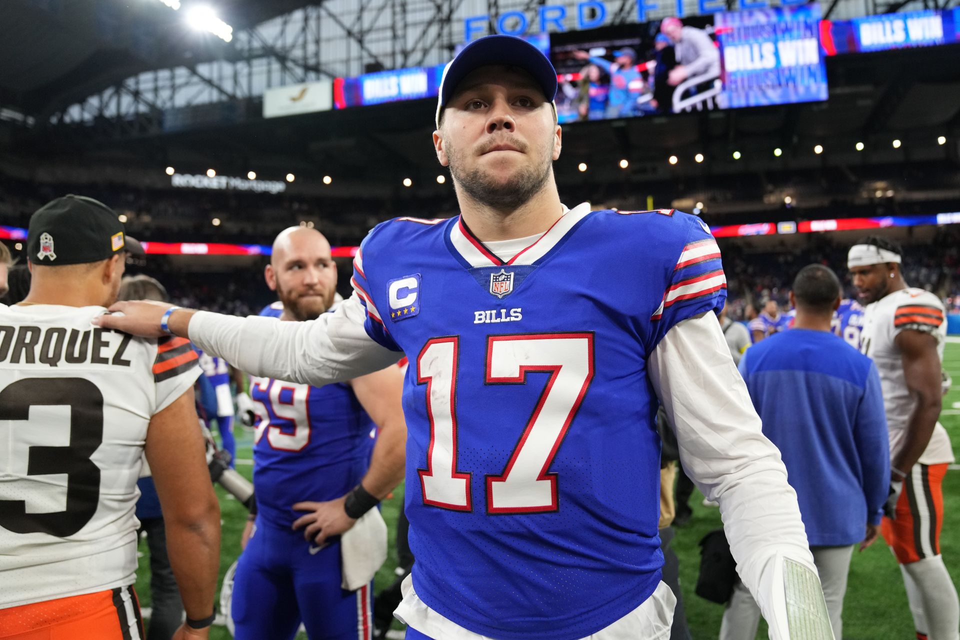 Cleveland, United States. 10th Nov, 2019. Buffalo Bill's quarterback Josh  Allen (17) is knocked out of bound by Cleveland Brown's Mack Wilson (51) in  the first half at FirstEnergy Stadium in Cleveland