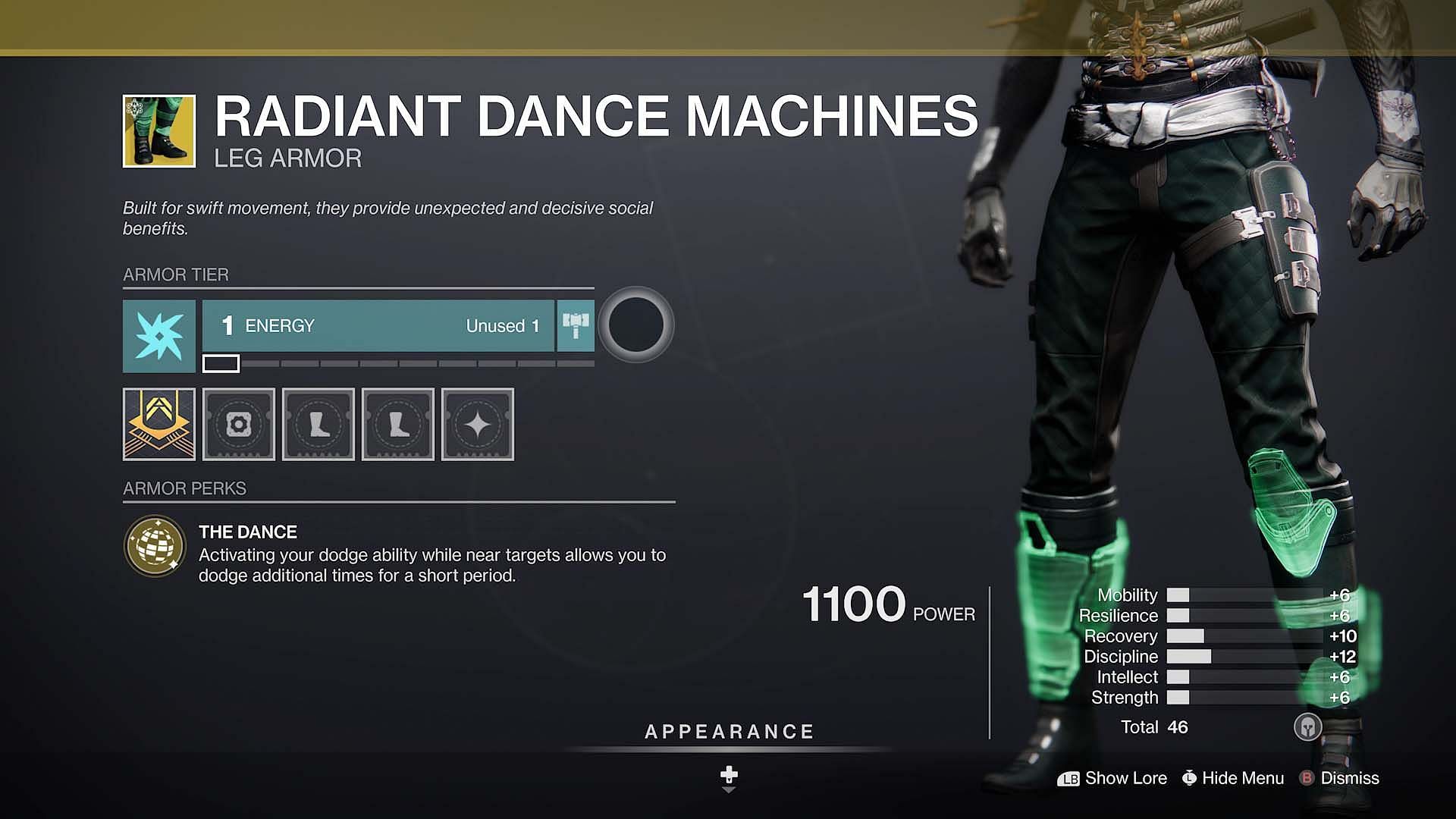 Radiant Dance Machines Exotic leg armor piece (Image via Destiny 2)