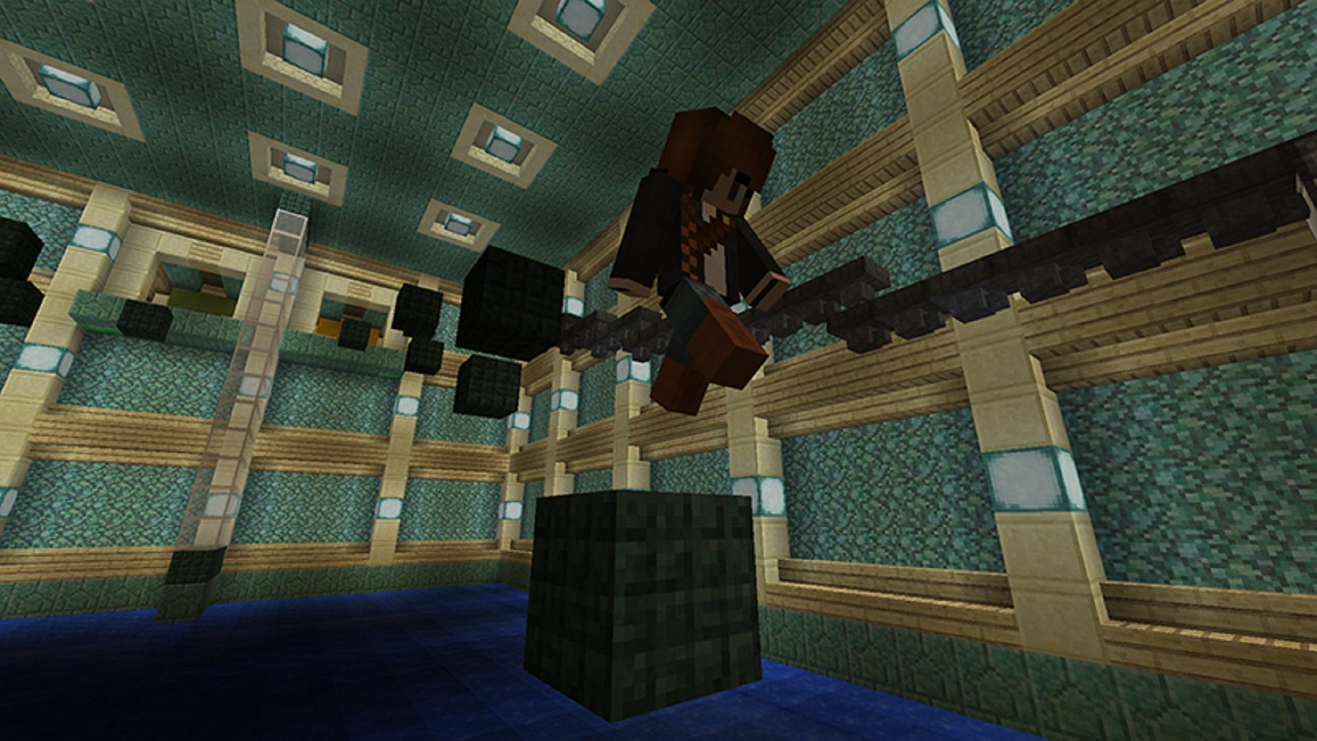 A parkour portion of The Prismarine Lab will test players&#039; movement skills (Image via Warco311/Minecraft Maps)
