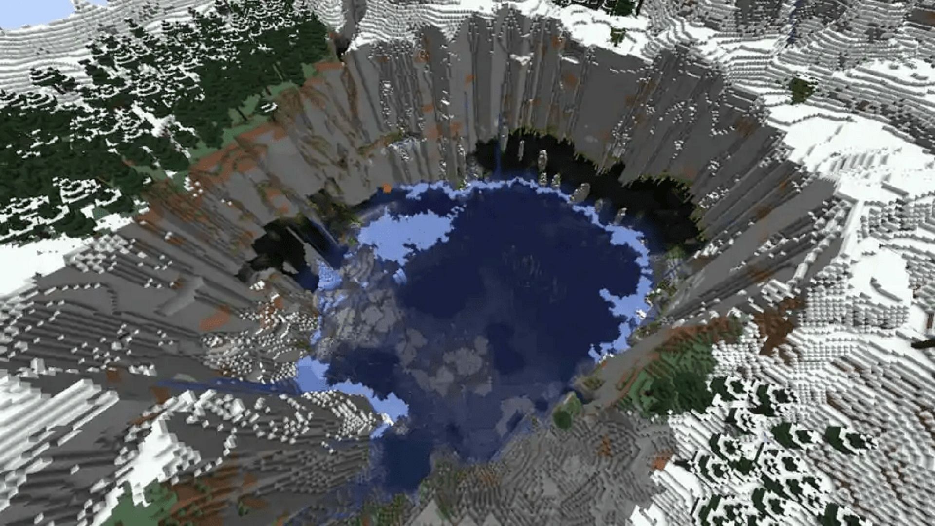The large crater in this seed&#039;s starting area has plenty of secrets and is begging to be built upon (image via Mojang)