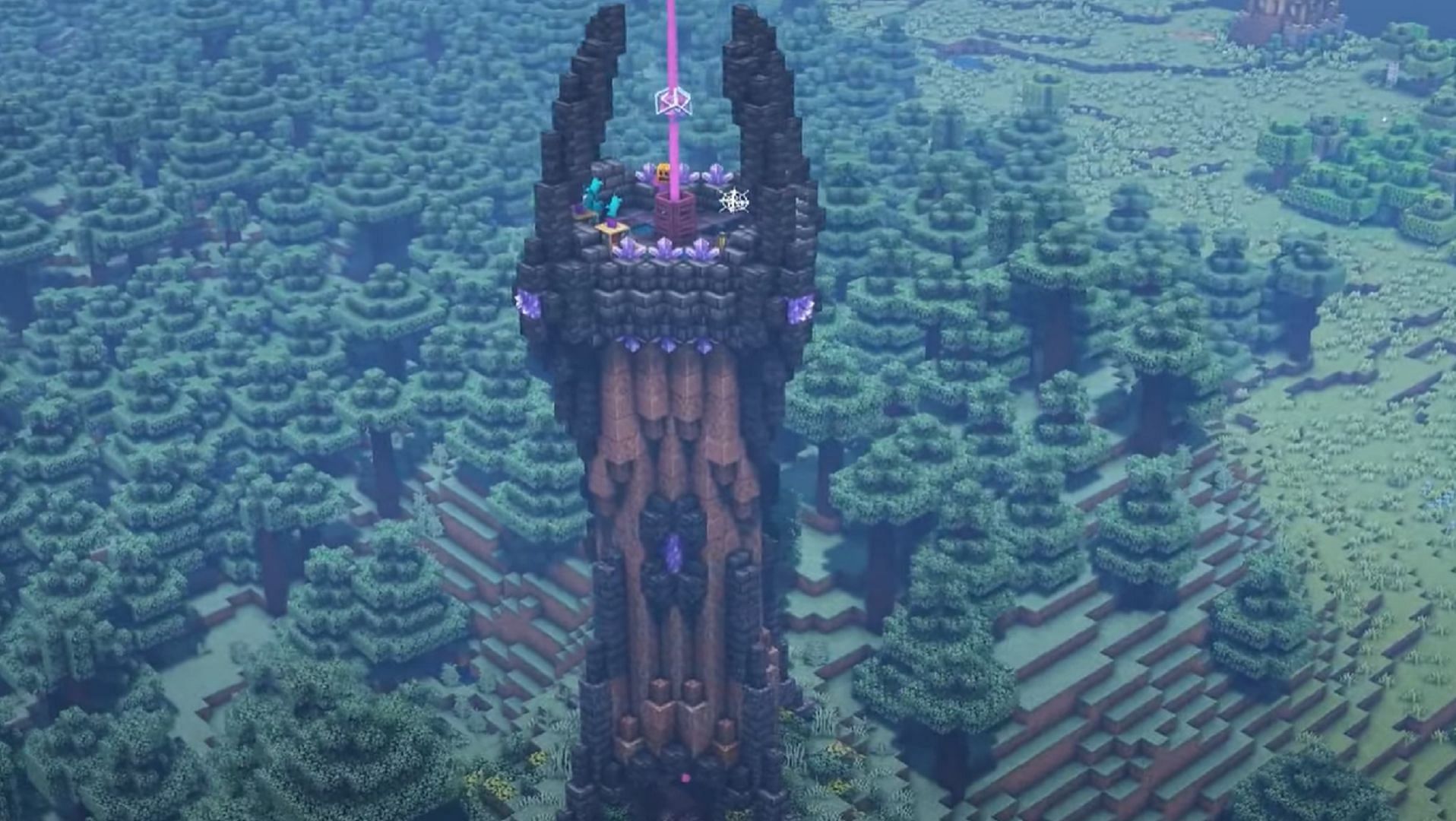 This Minecraft build strikes a sinister tone as it reaches into the sky (Image via BrokenPixelSK/YouTube)