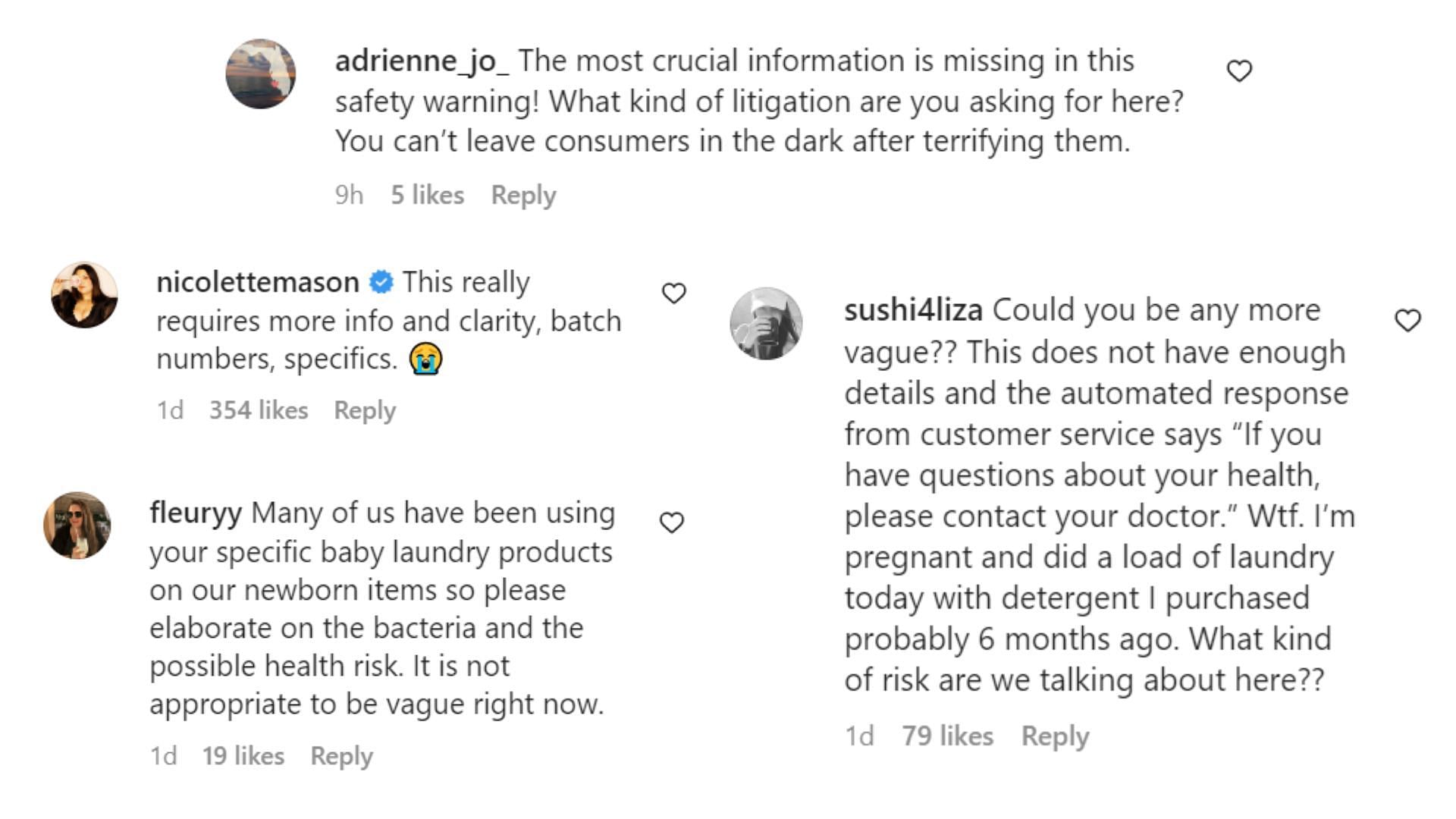 Comments under the safety notice posts asked for product specifications and more detailed next steps from the brand (Image via @thelaundress/Instagram).