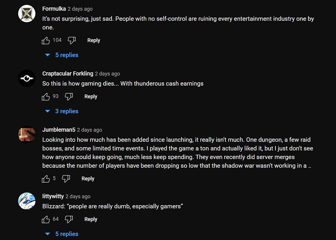 YouTube comments about Blizzard&#039;s revenue policy (Image via Asmongold Clips/YouTube)