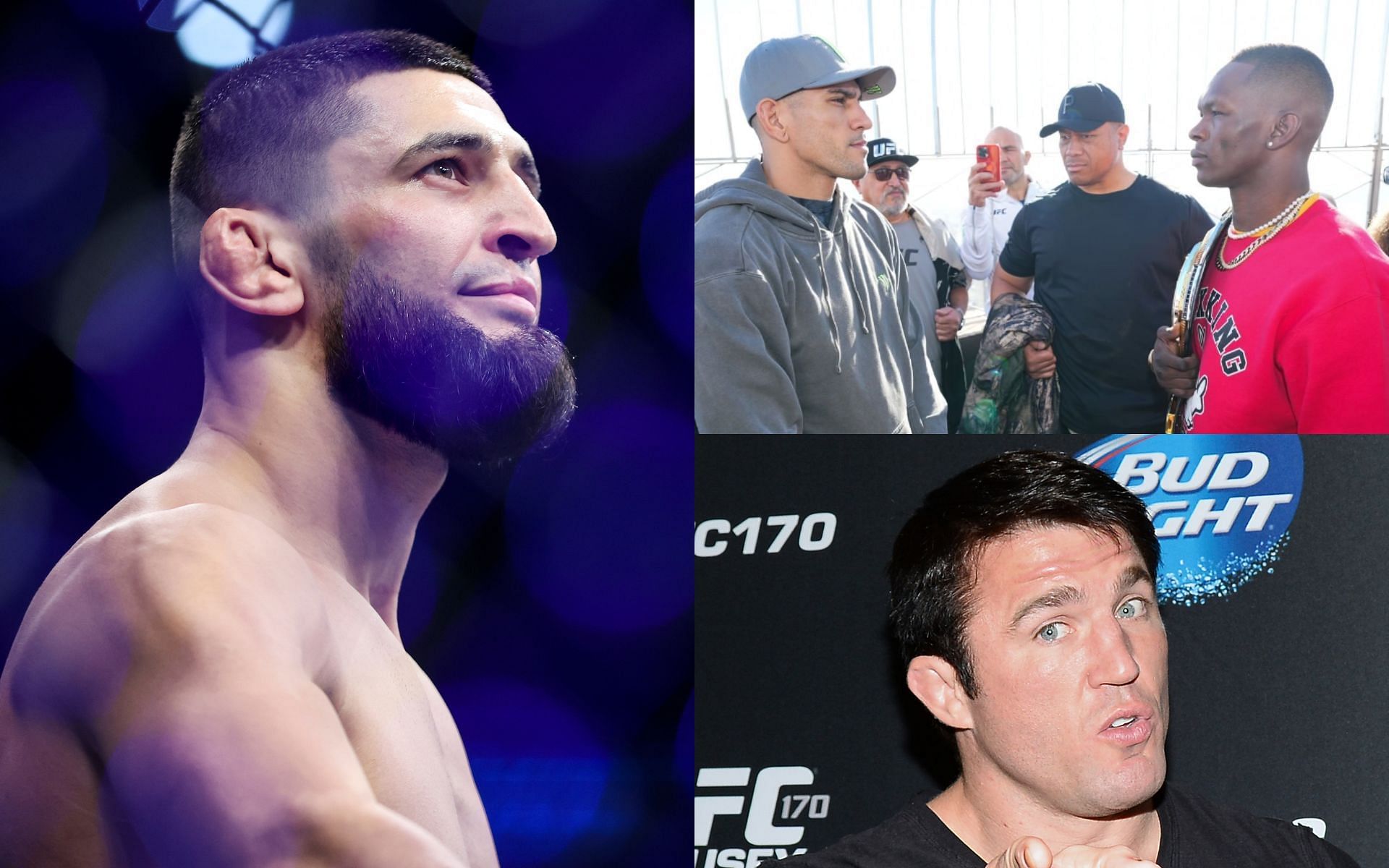 Khamzat Chimaev (Left), Pereira and Adesanya face off ahead of UFC 281 (Top Right), Chael Sonnen (Bottom Right) [Image courtesy: left and bottom right images via Getty Images; top right image via @btsportufc Twitter]