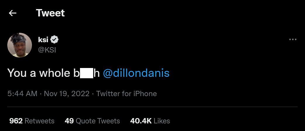 KSI calls Dillon the &quot;B&quot; word (Image via Twitter)