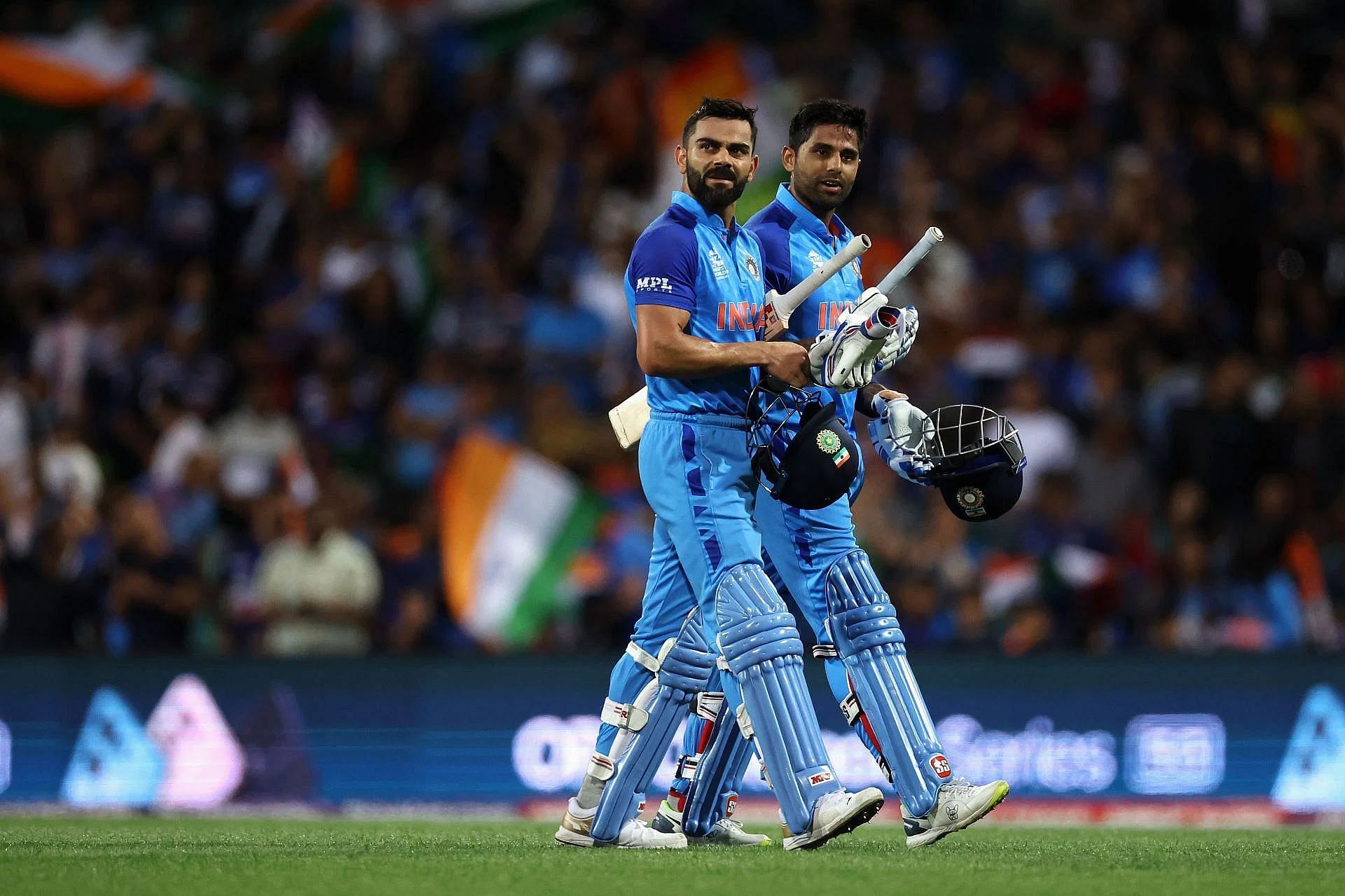 It was the VK-SKY show against the Netherlands. The duo added an unbeaten 95 for the third wicket as Kohli was unbeaten on 62 off 44, while Suryakumar thumped 51* in 25. Pic: Getty Images