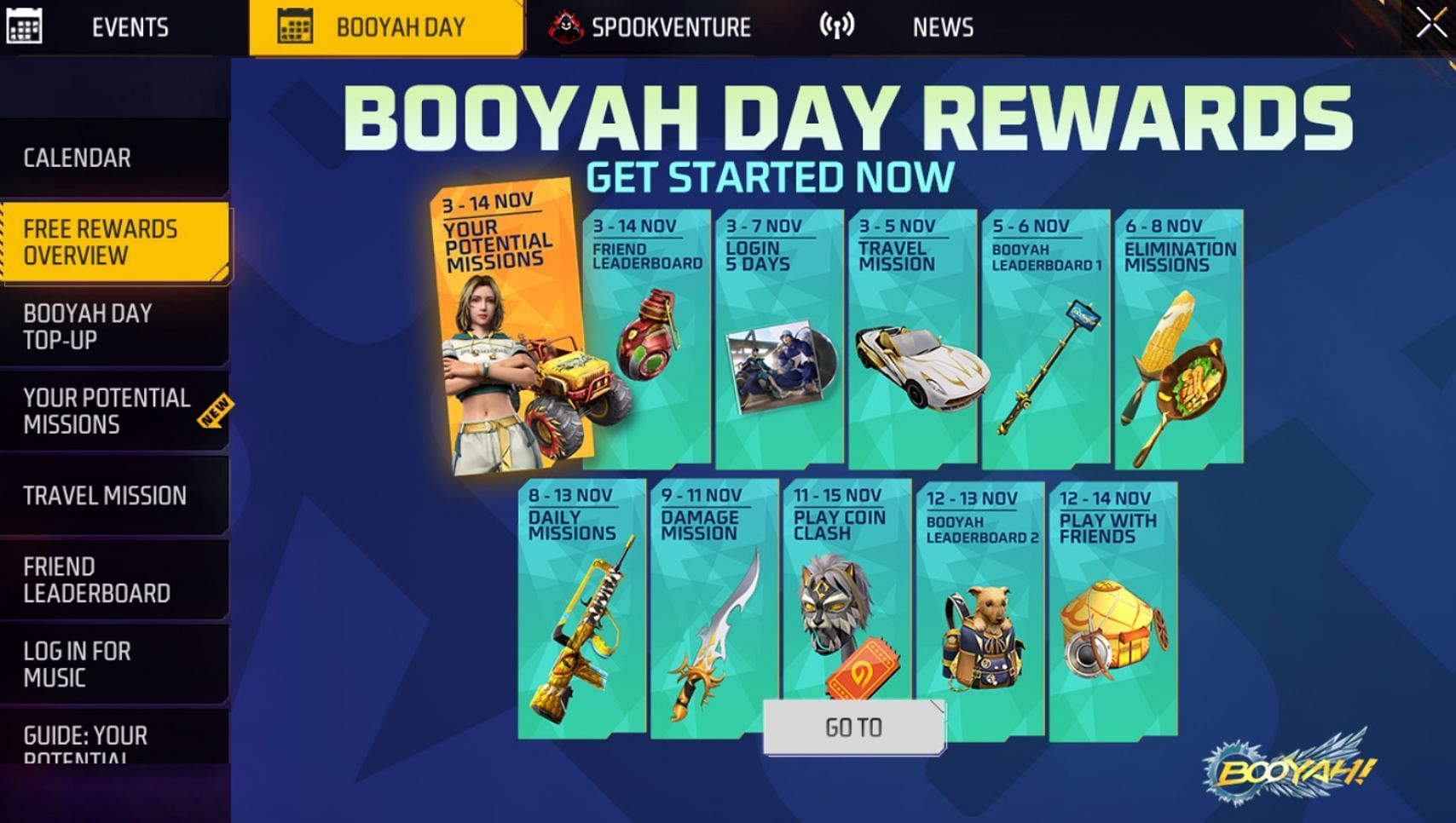 An overview of Booyah Day events featuring free rewards in Free Fire MAX (Image via Garena)