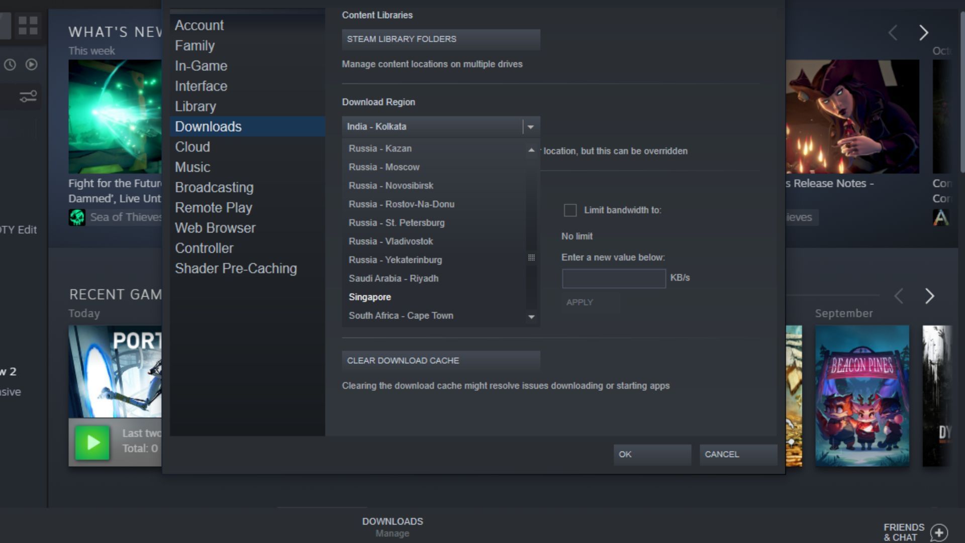 The Download Region option on Valve&#039;s PC client (Image via Valve Corporation)