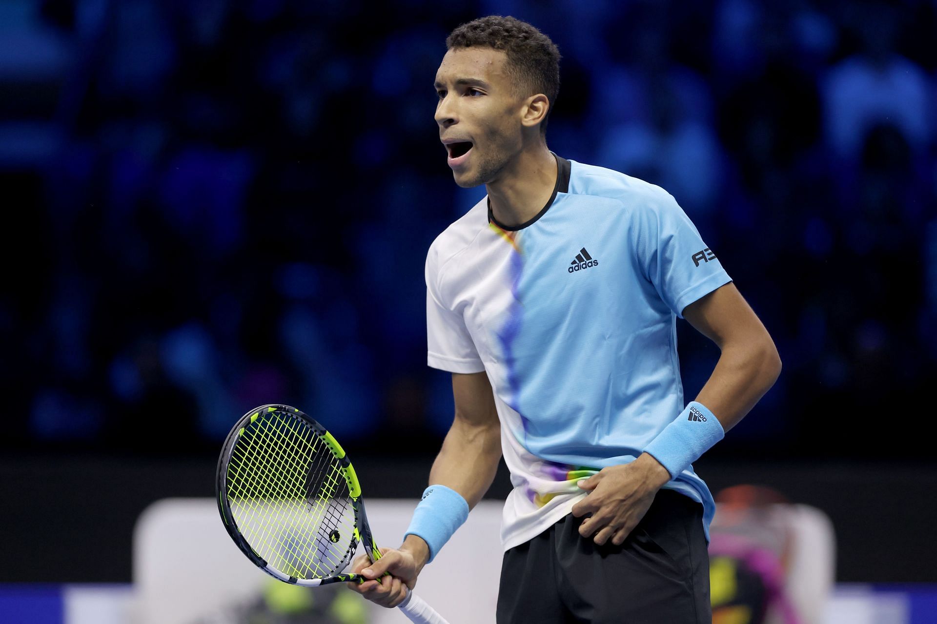 Felix Auger-Aliassime celebrates his win over Rafael Nadal at the ATP Finals 2022