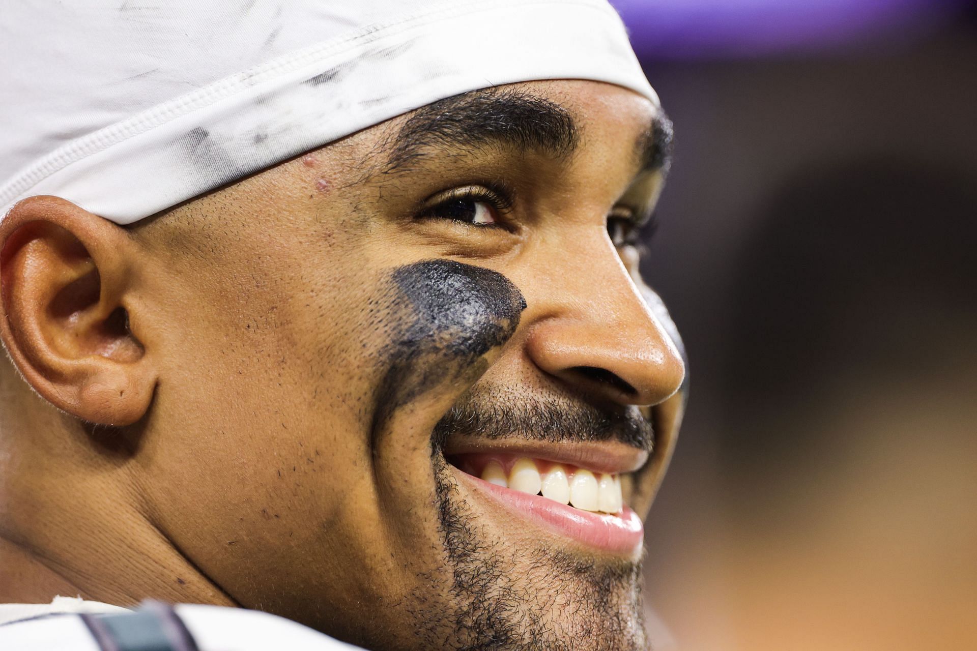 Jalen Hurts of the Philadelphia Eagles smiles during play against the Houston Texans