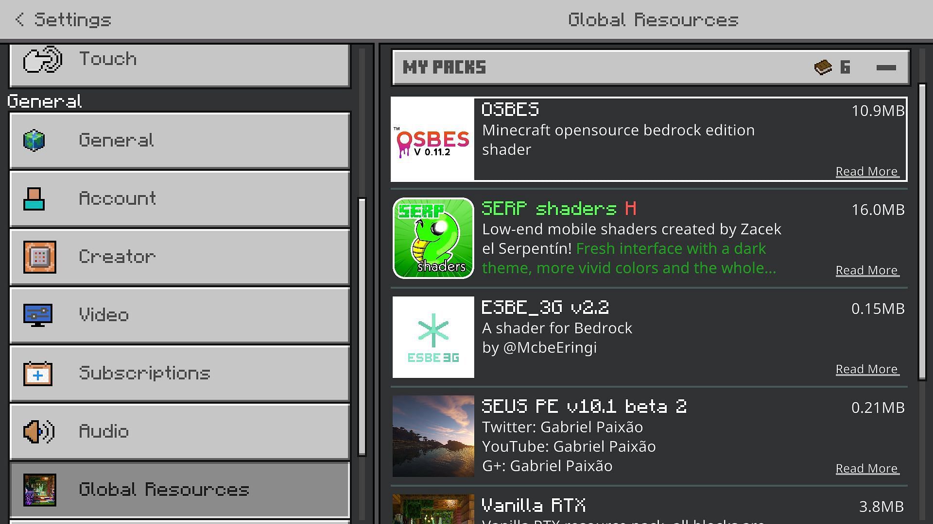 Shaders need to be activated from the global resources settings tab in Minecraft Bedrock Edition (Image via Mojang)