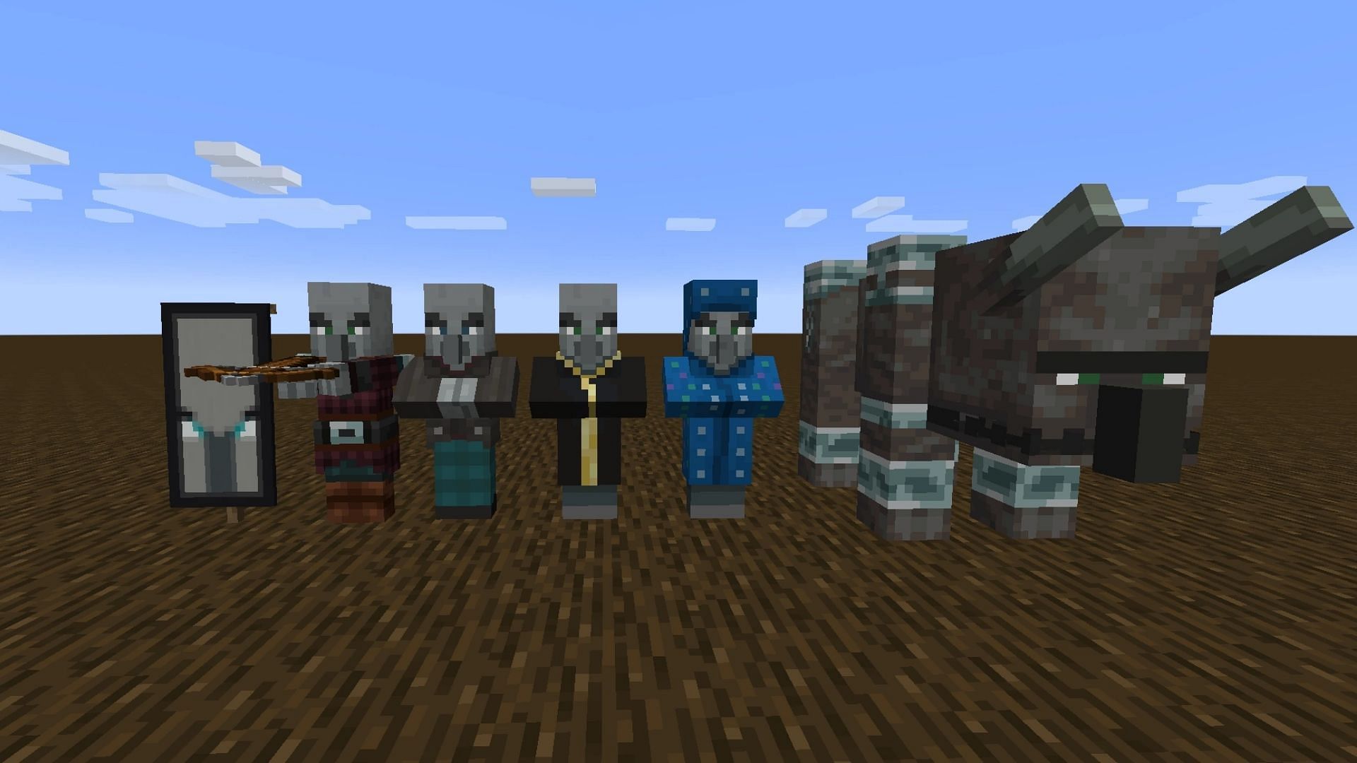 All the Illager mobs along with the Illager banner (Image via Minecraft Fandom Wiki)