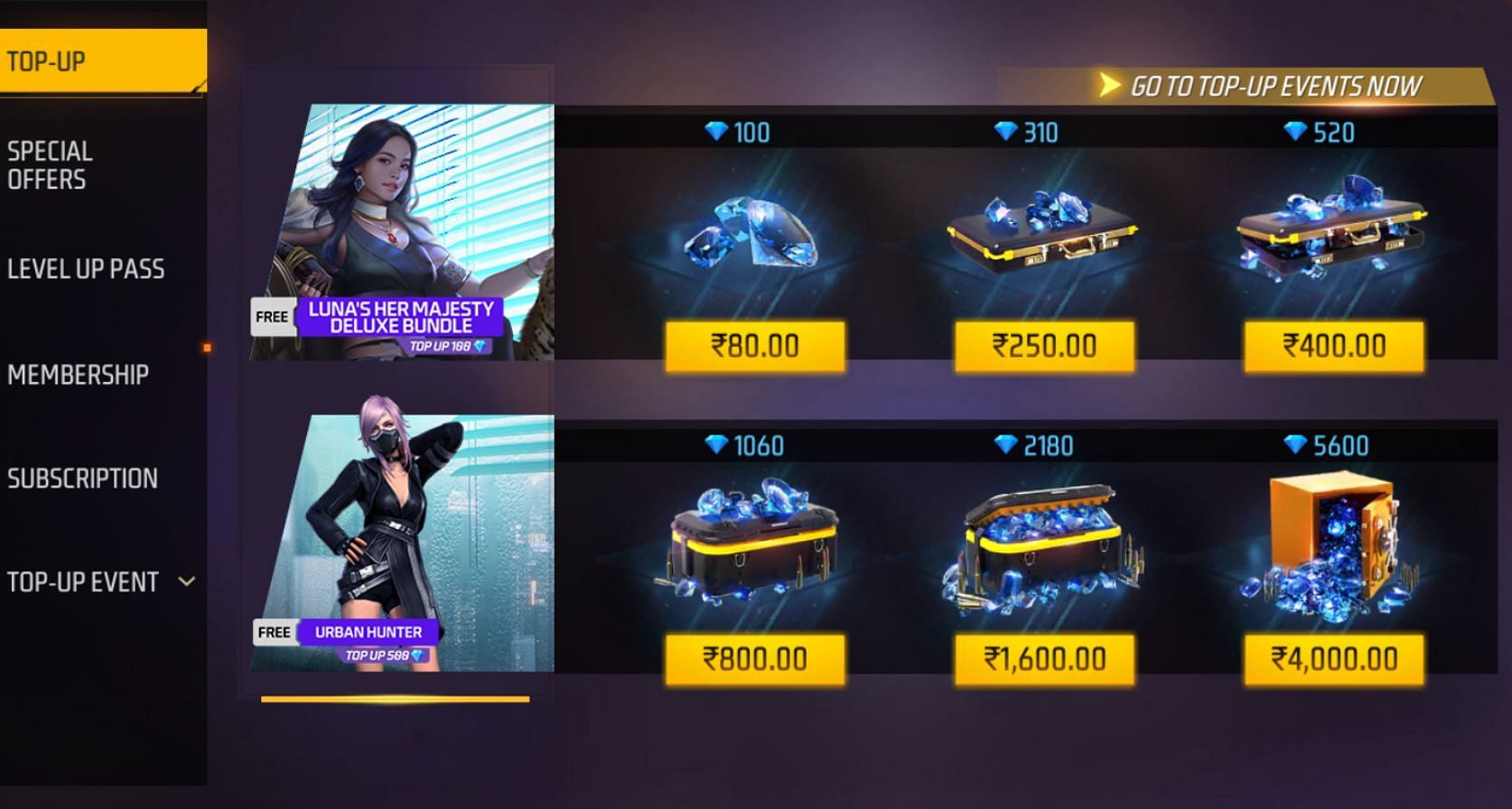Different diamond bundles are available in the game (Image via Garena)