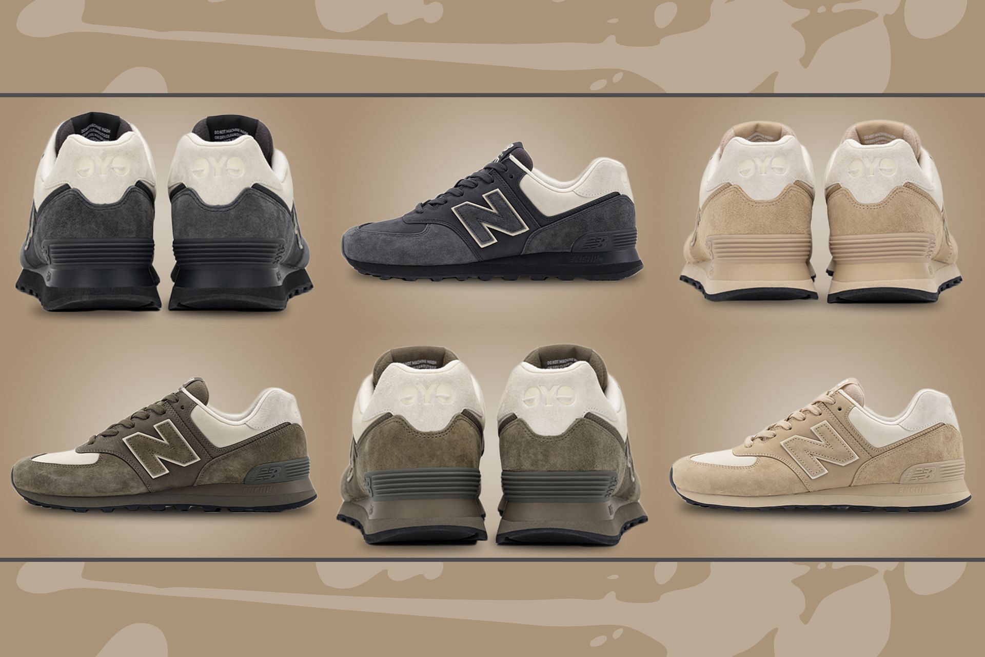 Upcoming 3-piece Junya Watanabe x New Balance 574 collection in &quot;Black,&quot; &quot;Dark Camo,&quot; and &quot;Incense&quot; colorways (Image via Sportskeeda)