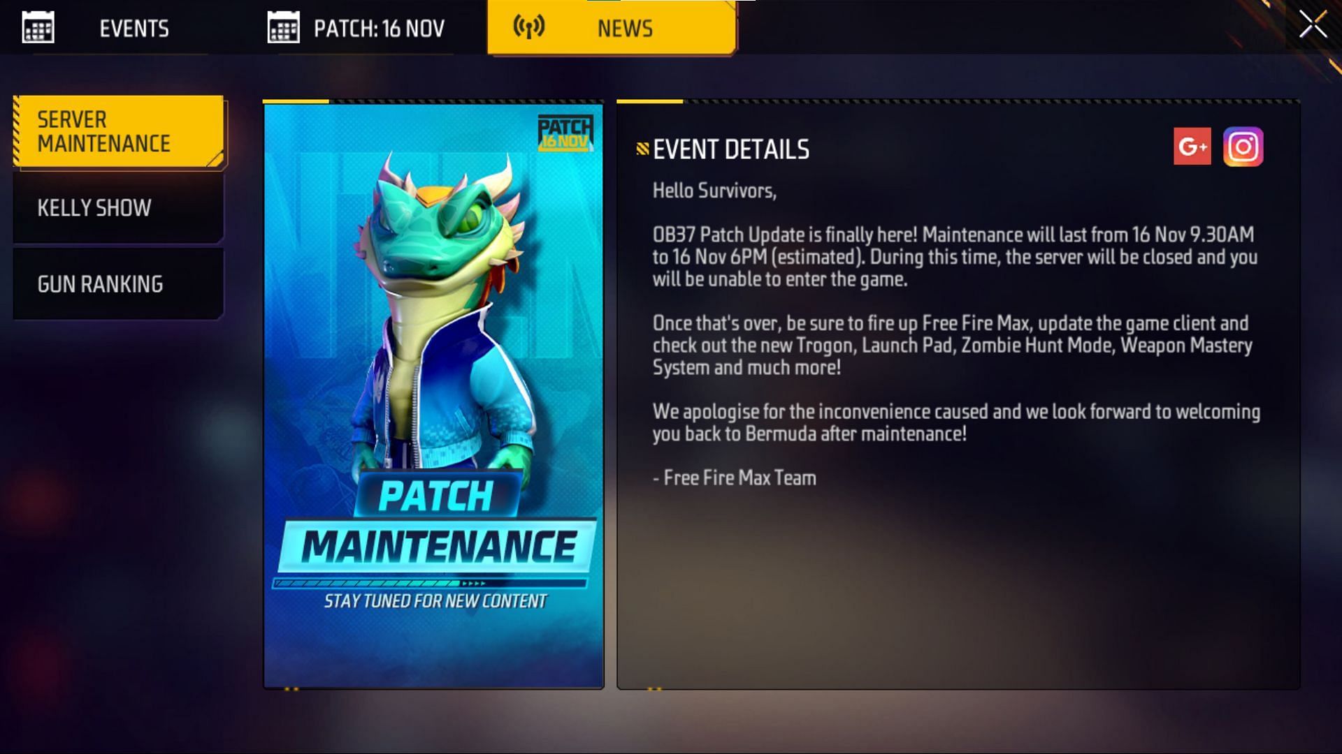 Timings for the maintenance have been revealed in the news section (Image via Garena)
