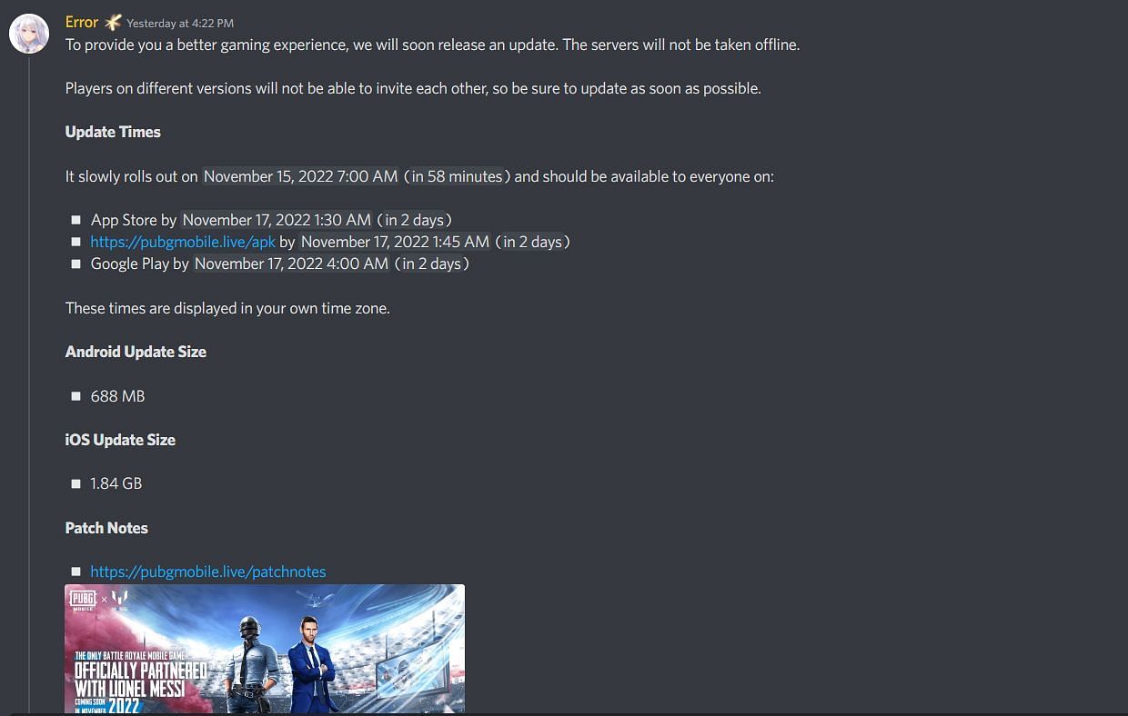 2.3 update&#039;s APK will be available by November 17, 1:45 AM (Image via Discord)