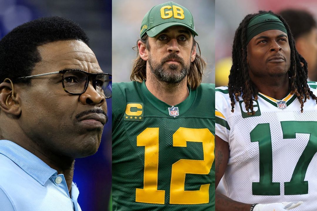 NFL HOF Michael Irvin (l), Packers QB Aaron Rodgers (c), and former Packers WR Davante Adams (r)