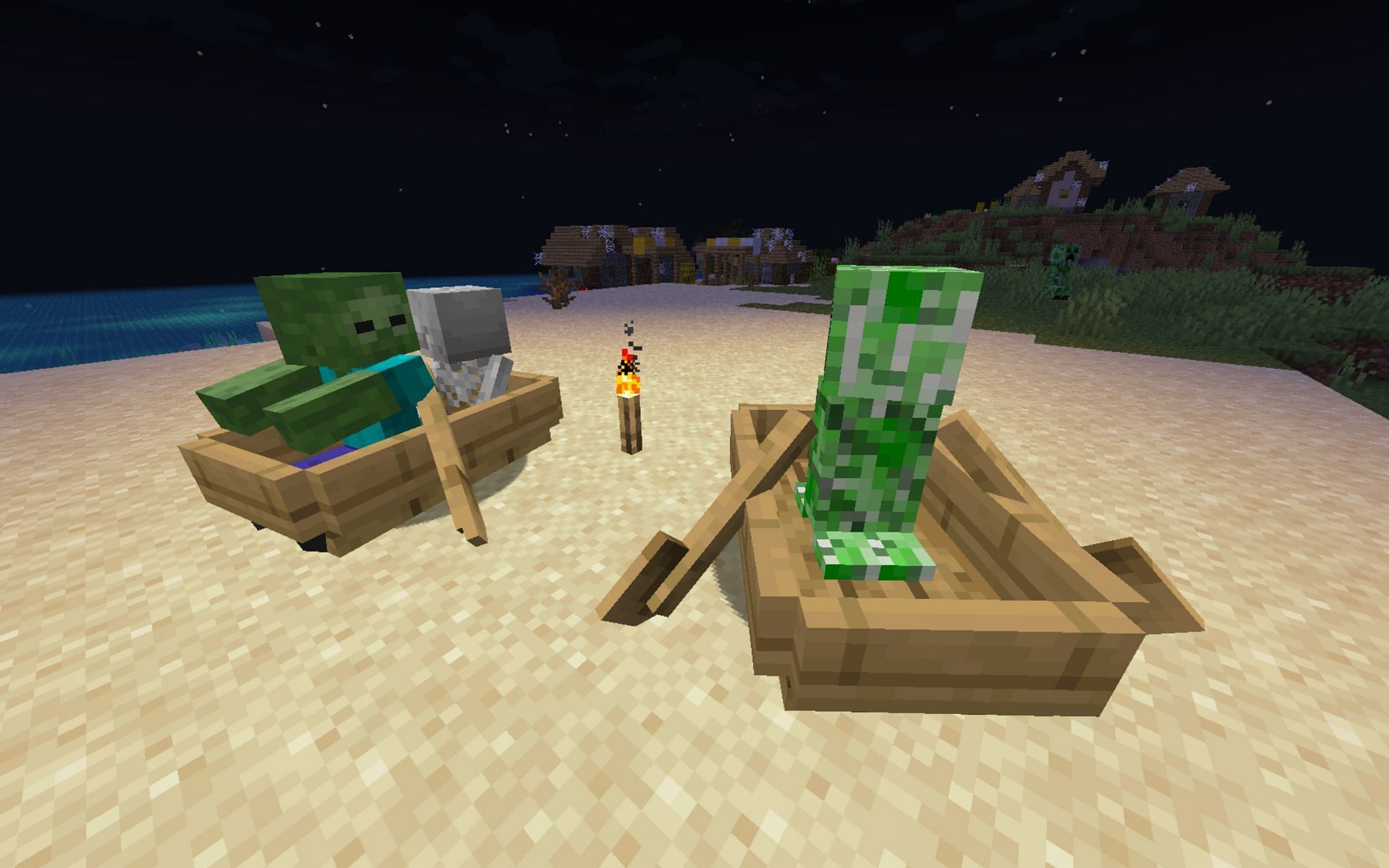A creeper, skeleton, and zombie in a boat (Image via Mojang)