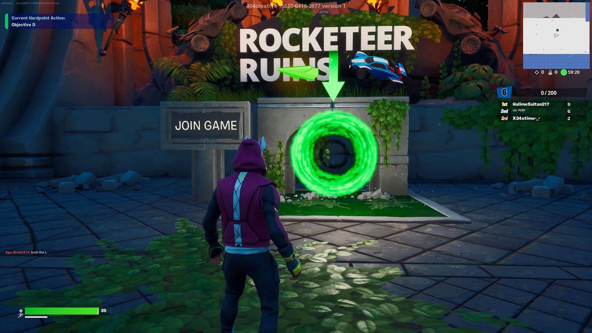 To enter the Rocketeer Ruins map, pass through the green portal (Image via Epic Games)