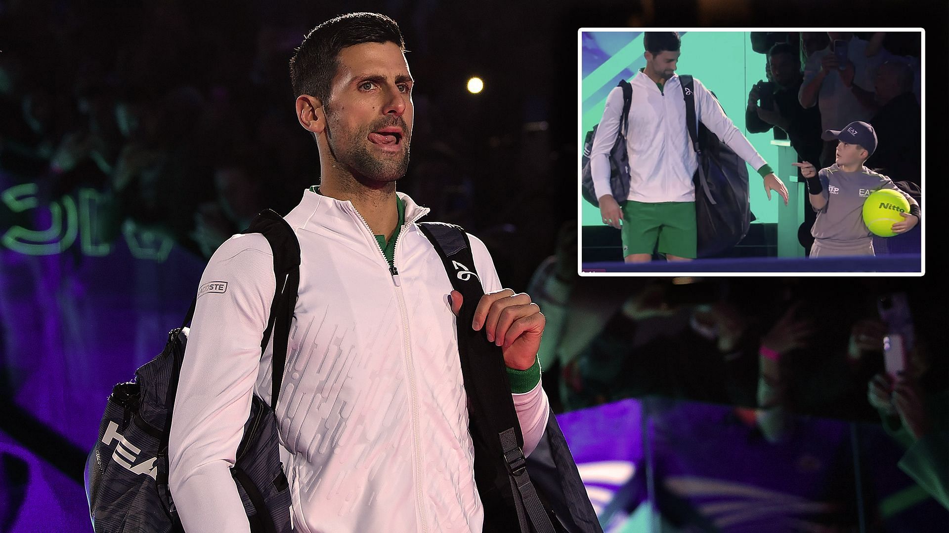 Novak Djokovic (L) and a snapshot of the funny incident (in the box)