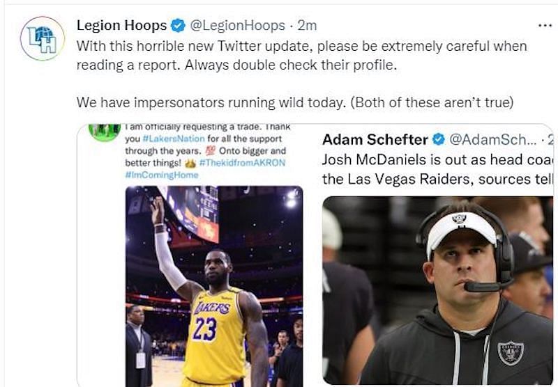 Two fake accounts posing as LeBron James and Adam Schefter