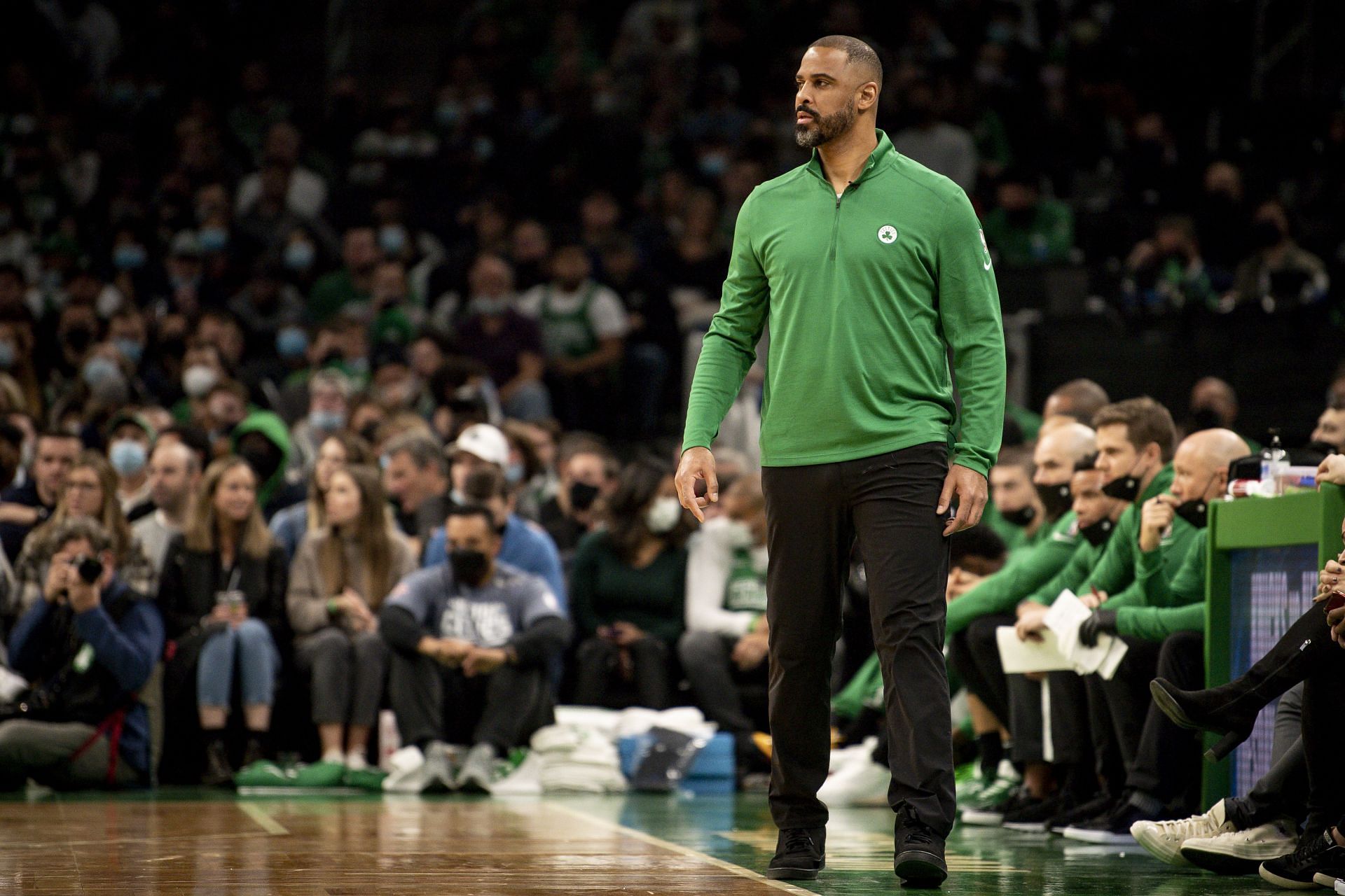 Ime Udoka looks on at the Brooklyn Nets v Boston Celtics game