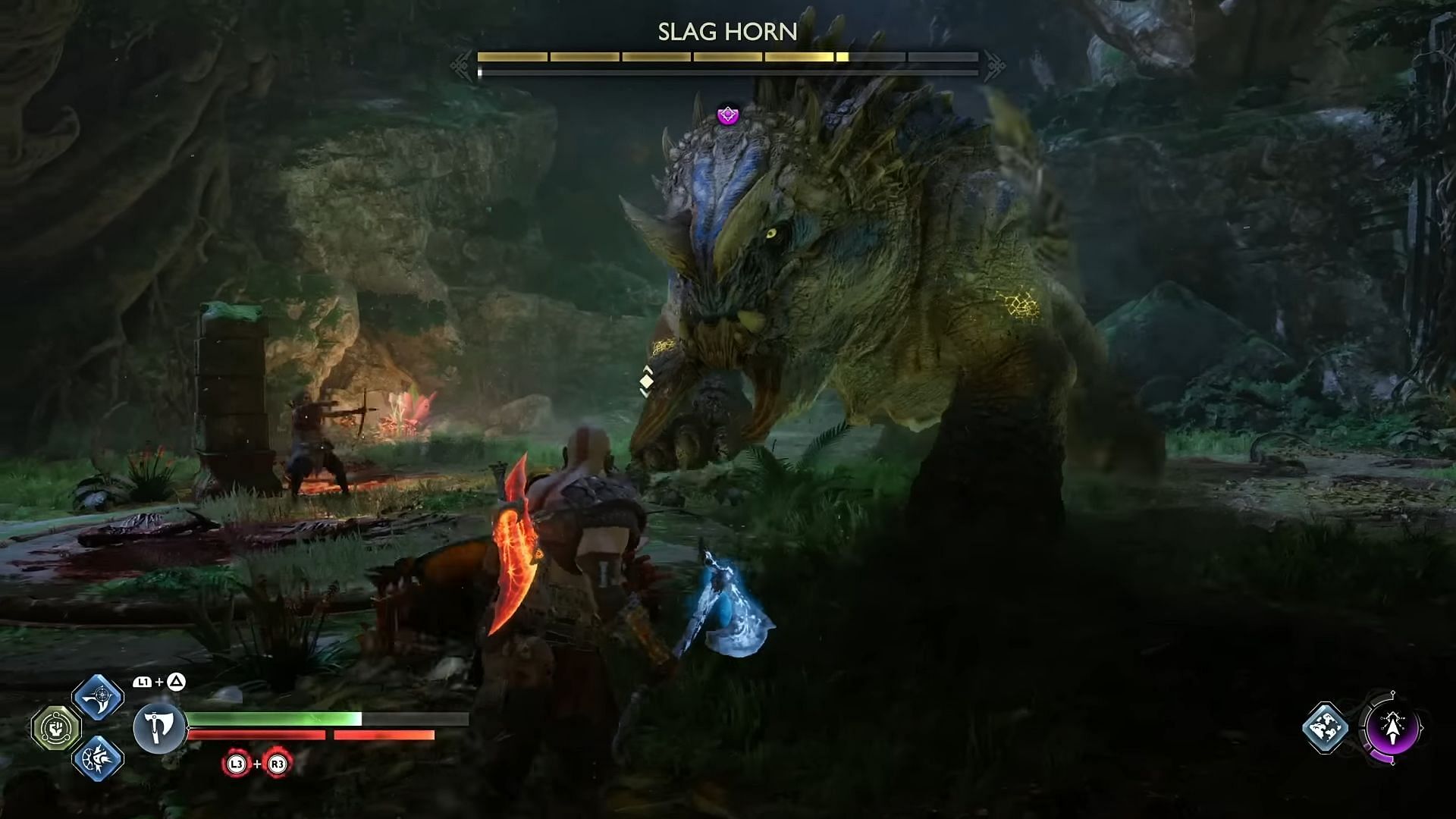 Kratos faces off against the Slag Horn (Image via YouTube/Release-Fire)