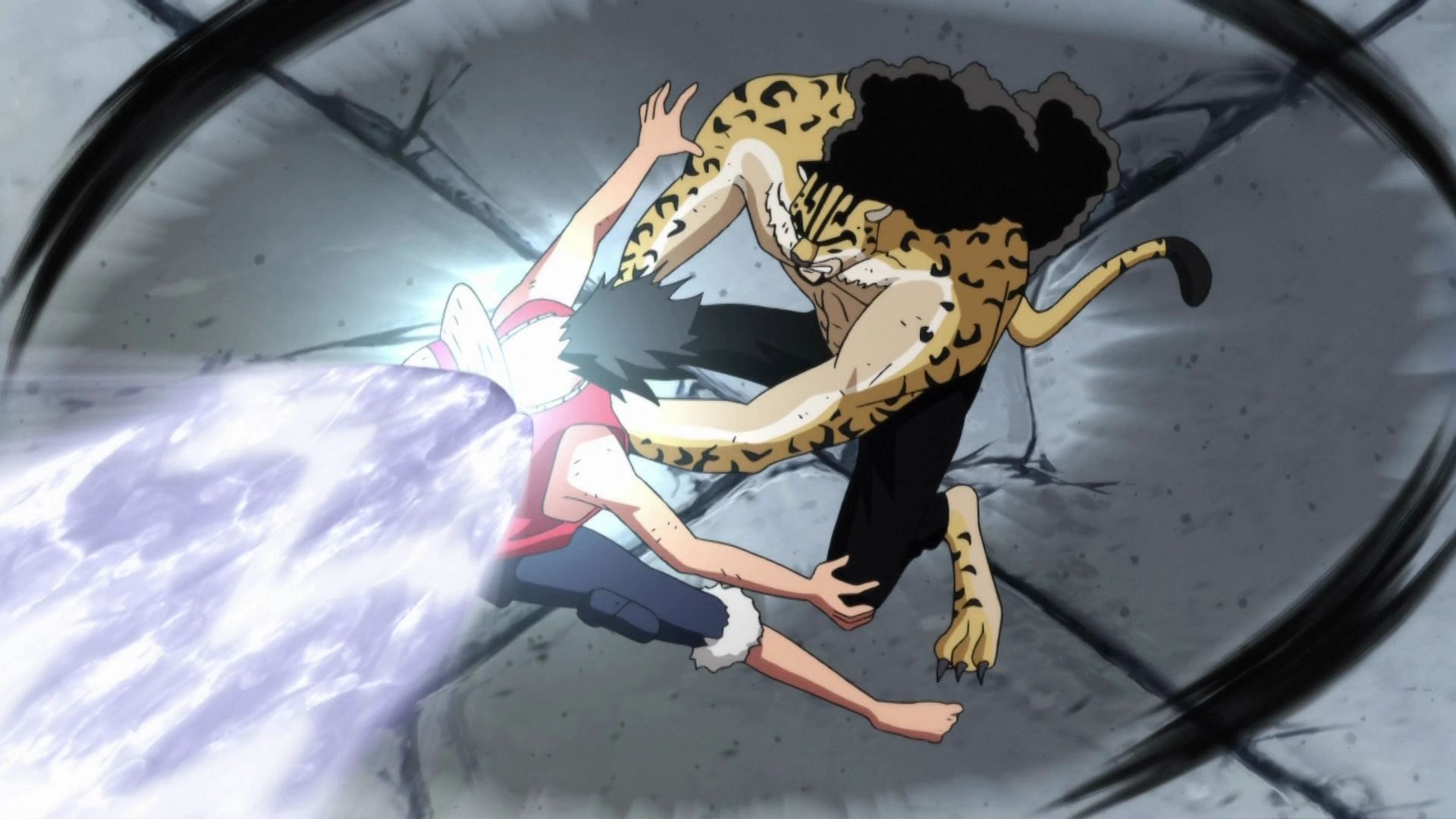 Lucci performing his Rokuogan technique on Luffy, during their fight in the Enies Lobby Arc (Image via Toei Animation, One Piece)