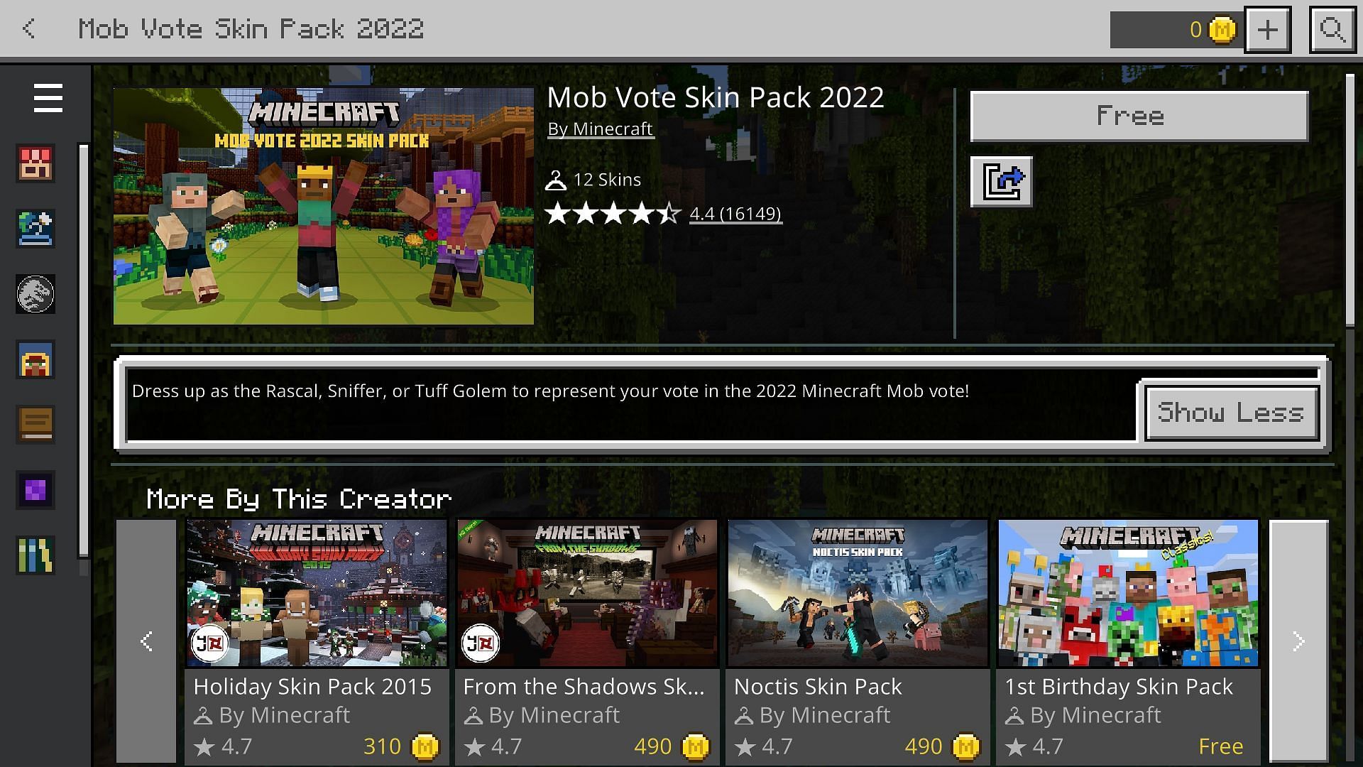 Wear several unique skin packs inspired by mobs showcased in the Mob Vote 2022 (Image via Mojang)