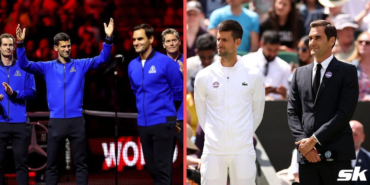 Novak Djokovic and Roger Federer at the 2022 Laver Cup (L) and 2022 Wimbledon (R).