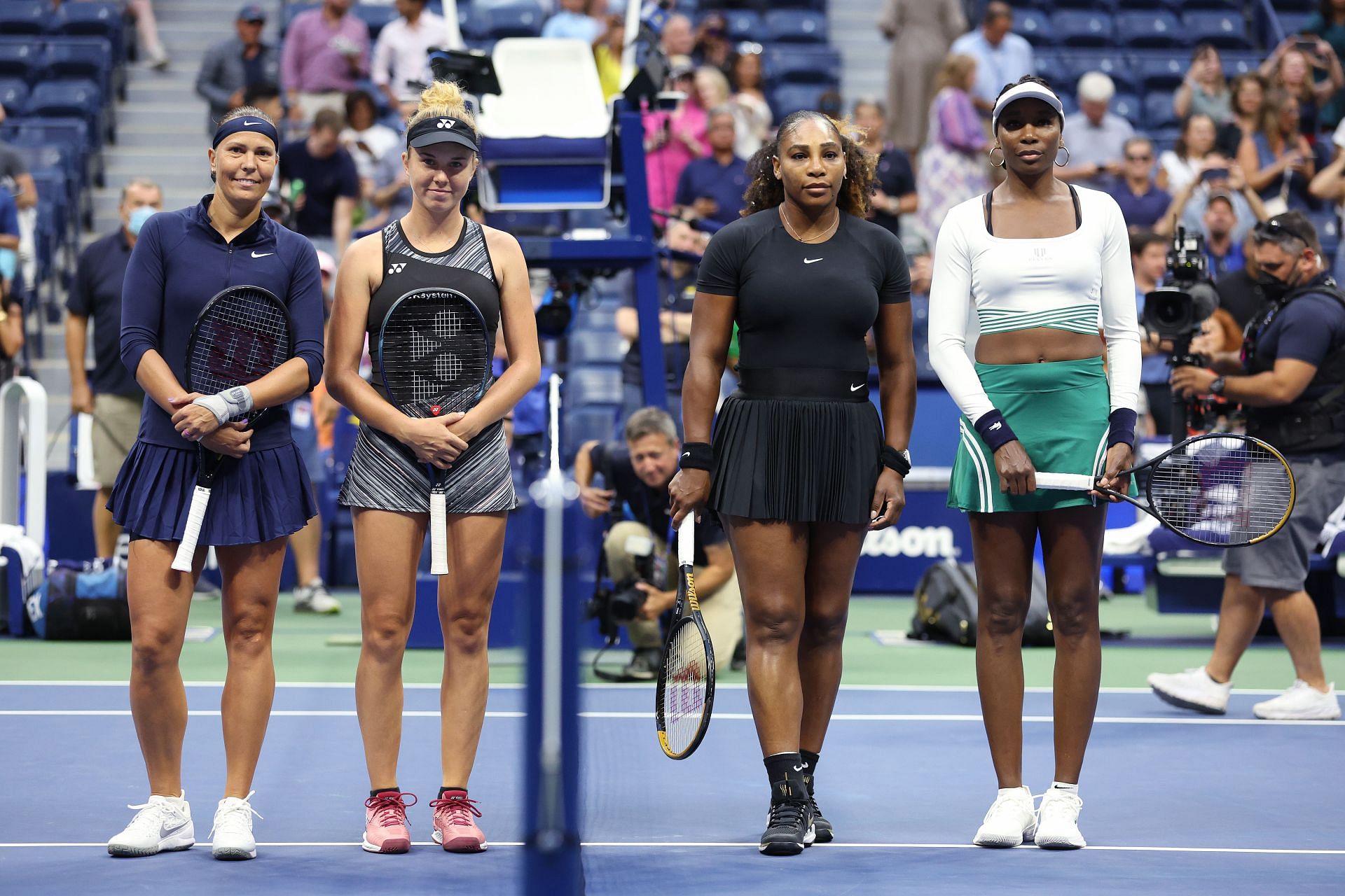 L-R: Lucie Hradecka, Linda Noskova, Serena Williams, and Venus Williams