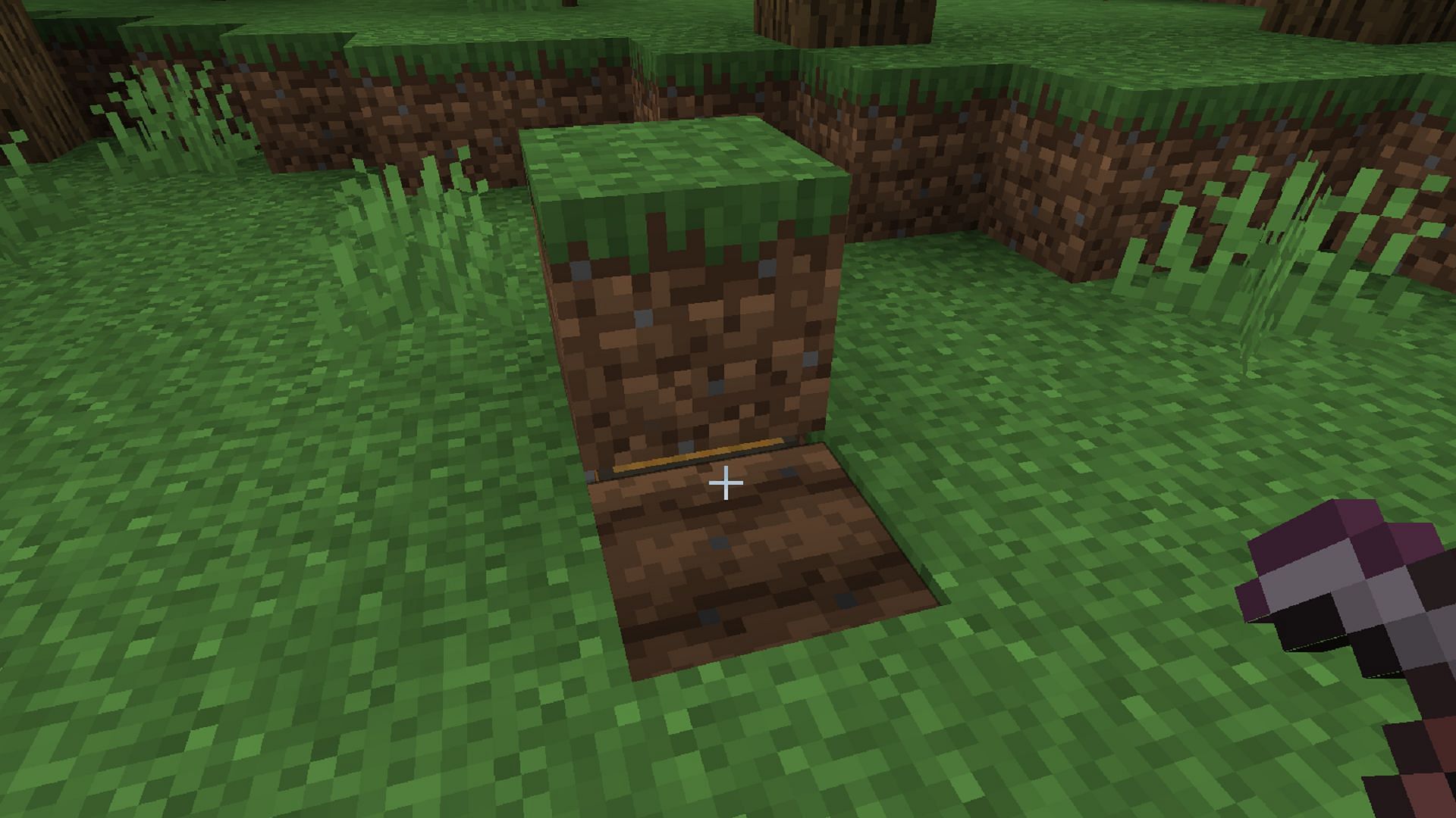 Farmland can reveal a small compartment where you can access a single chest of items (Image via Mojang)