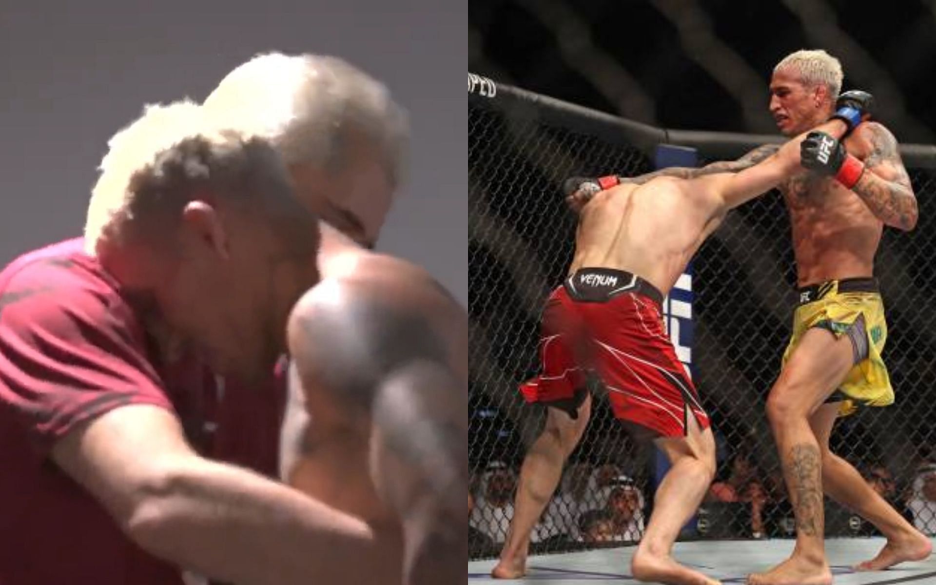 Charles Oliveira being consoled by team after UFC 280 (left) [Image courtesy: @fullcombat on Twitter] and Oliveira vs. Islam Makhachev (right)