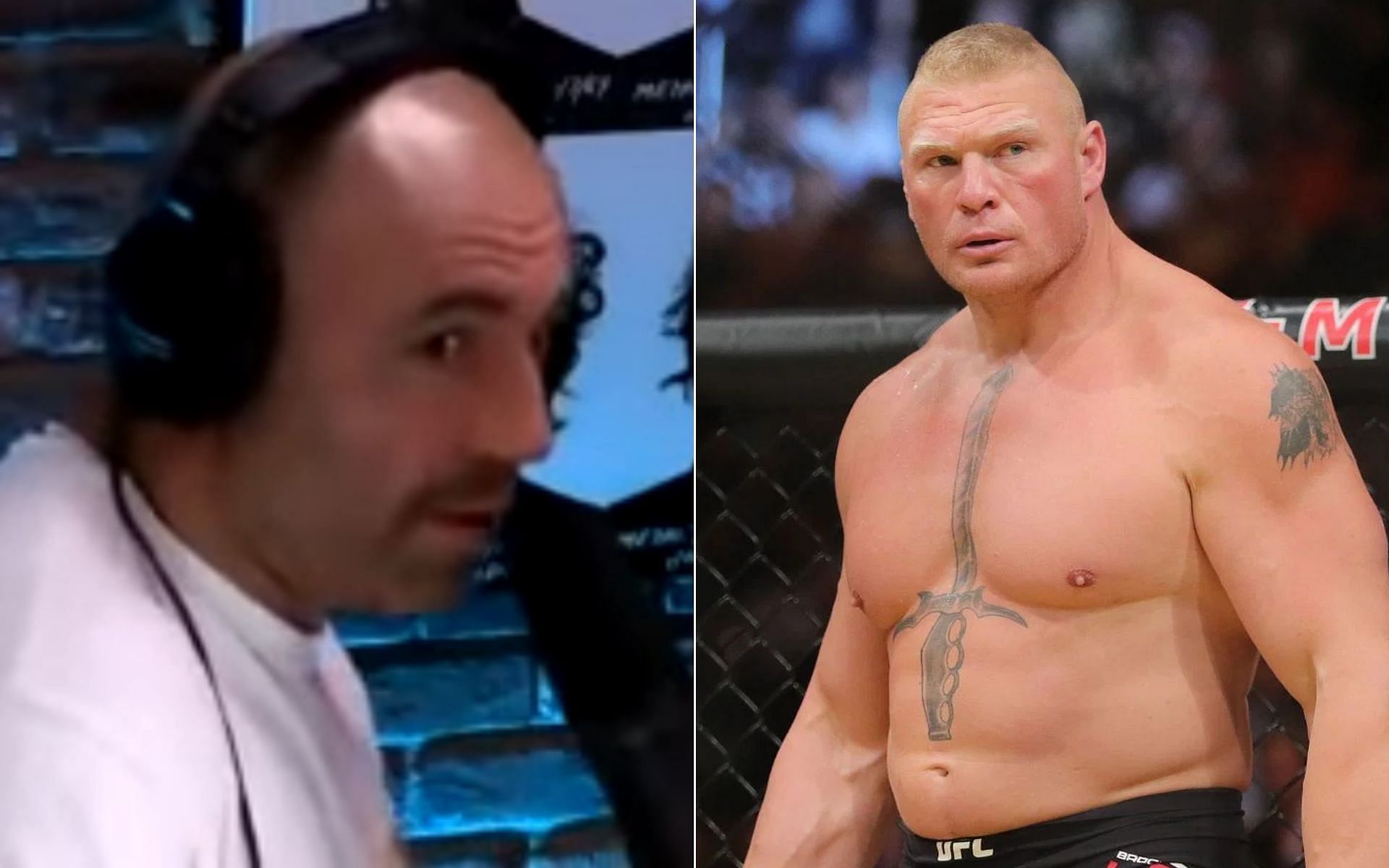 (L) Joe Rogan {Photo credit: FightingforLife - YouTube}, and Brock Lesnar (R)