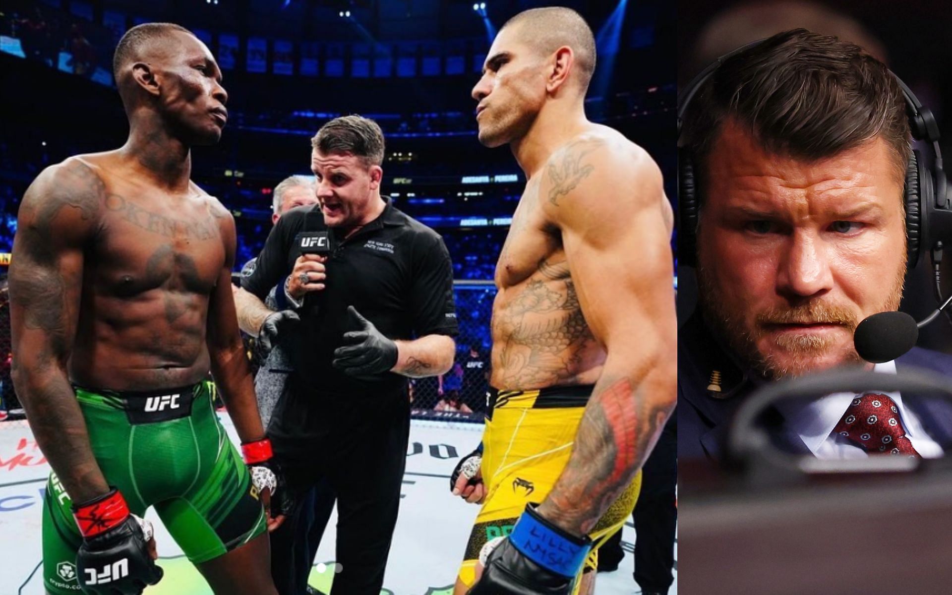 Israel Adesanya, Marc Goddard, and Alex Pereira (left), and Michael Bisping (right). [Images courtesy: left image from Instagram @marcgoddard_uk and right image from Getty Images]