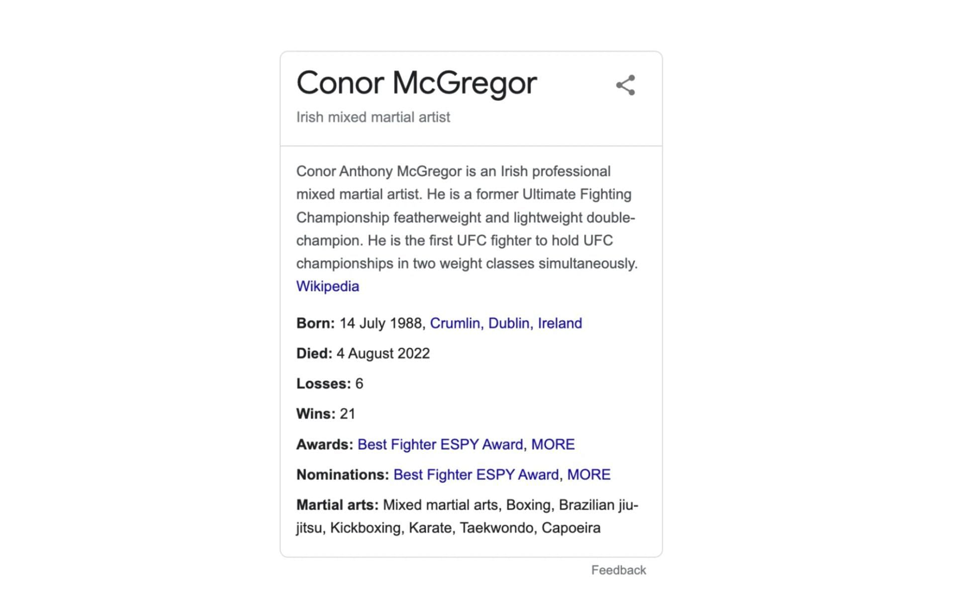 Conor McGregor&#039;s Wikipedia page showing him deceased