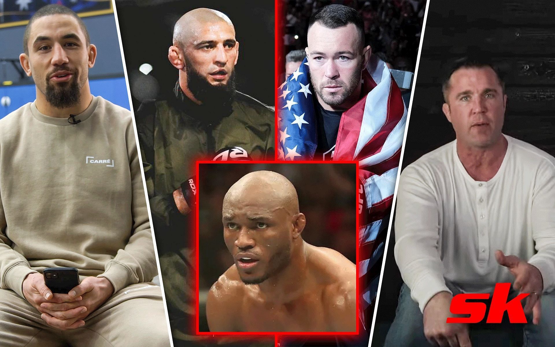 [Images via: FOX SPORTS AUSTRALIA | YouTube | Chael Sonnen | YouTube | @colbycovmma, @khamzat_chimaev and @usman84kg on Instagram]