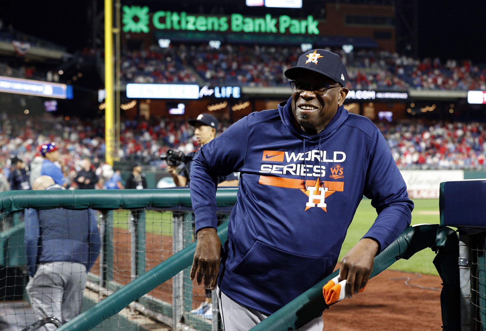 Manager Dusty Baker Jr. smiles in the dugout after the Astros defeated the Phillies at Citizens Bank Park