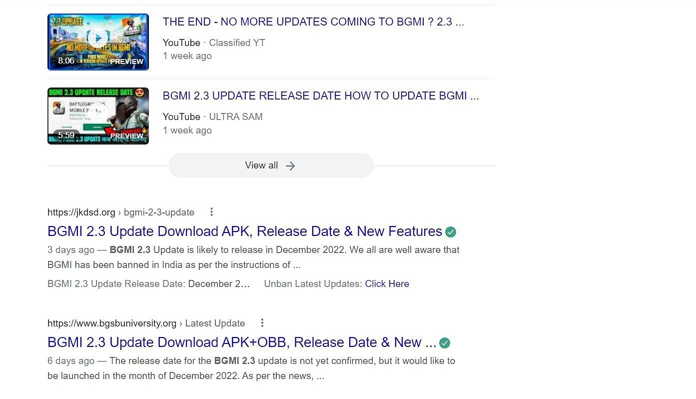 Fake APK download links and release dates for Battlegrounds Mobile India&#039;s 2.3 update (Image via Google)
